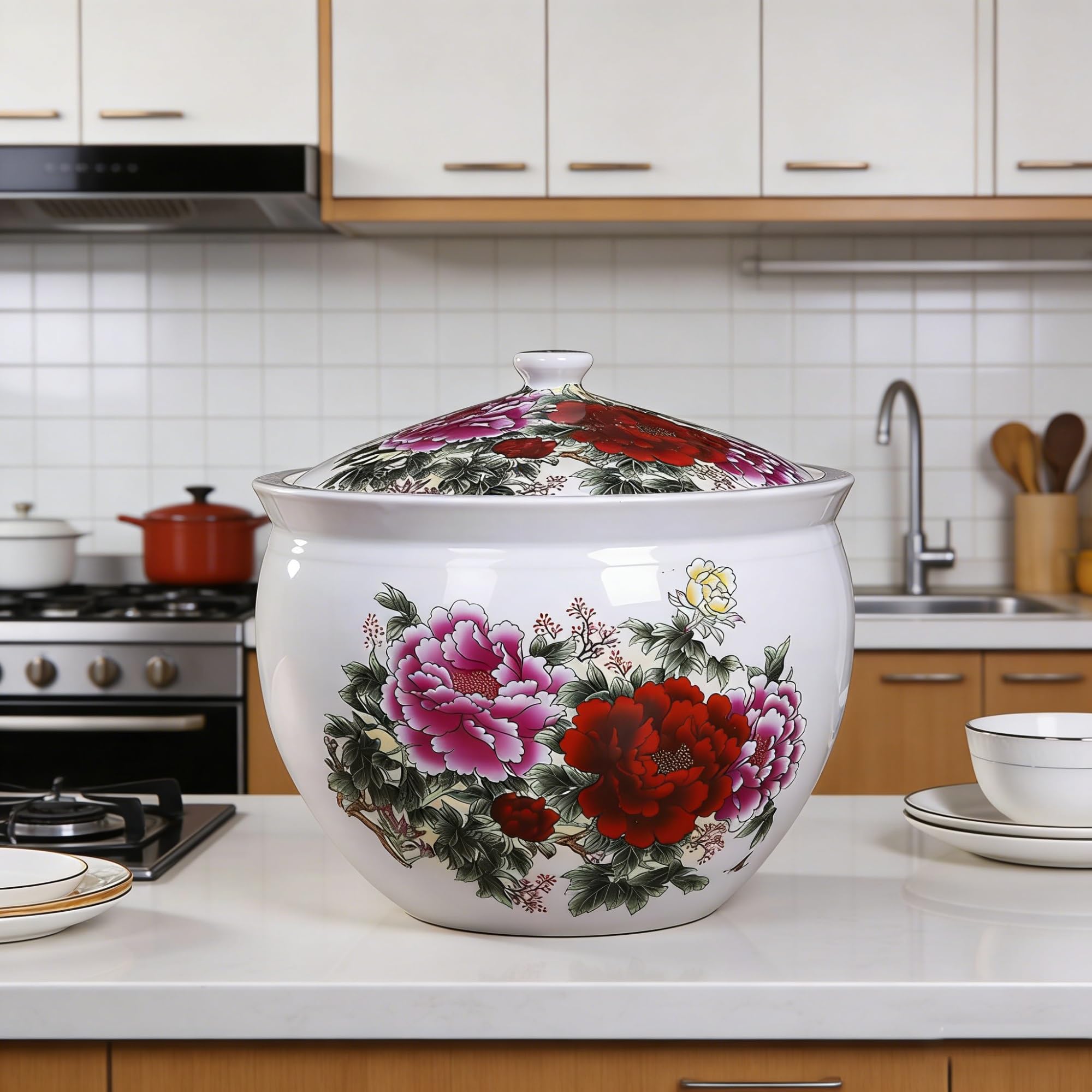 MMleYN 5/10KG Ceramic Rice Bucket With Lid Airtight Grain Dispenser Multi-Purpose Storage Container For Rice Coffee Nuts Snacks Tea Kitchen(B,5kg)