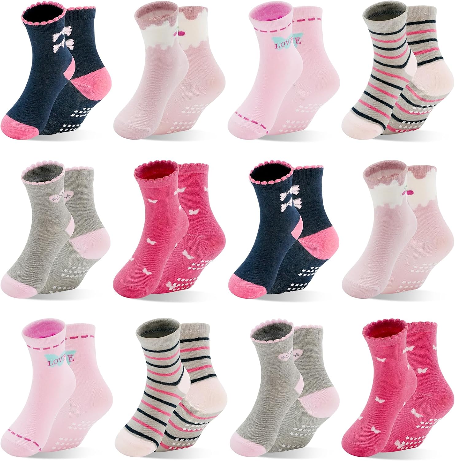 HYCLES Toddler Girl Socks, Non-Slip Cartoon Crew Socks with Grips for 6-12 Month Baby 1-7 Years Kids