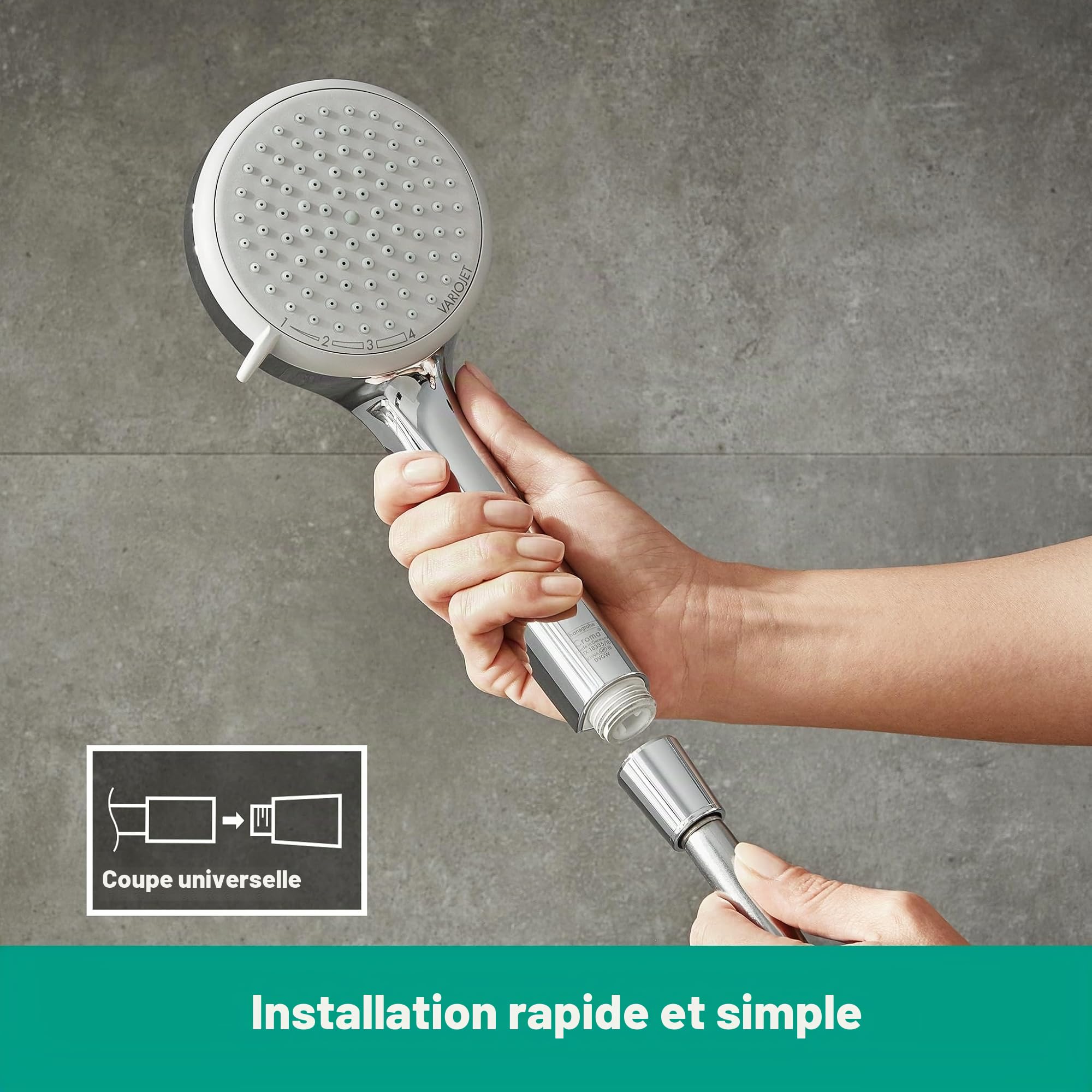 hansgrohe Croma 100 - Pommeau de douche économie d'eau avec 9 l/min (EcoSmart), Douchette à main avec 4 types de jet, Douchette ronde (diamètre 100 mm), Chromé, 28537000