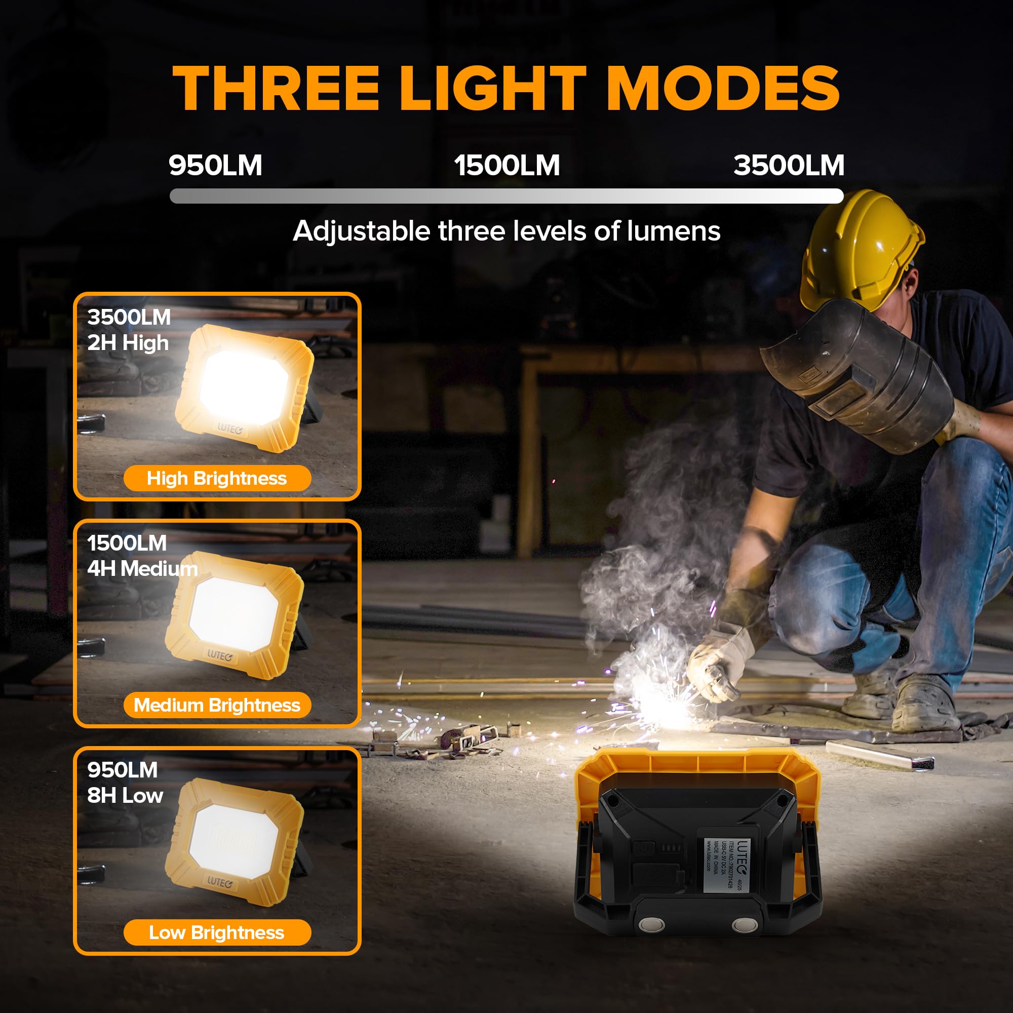 LUTEC 3500LM LED Work Light, Rechargeable Magnetic Work Lights with Stand, Portable 5000K Flood Light for Car Repair, Fishing, Camping, Emergency, Hiking, 3 Modes - 3