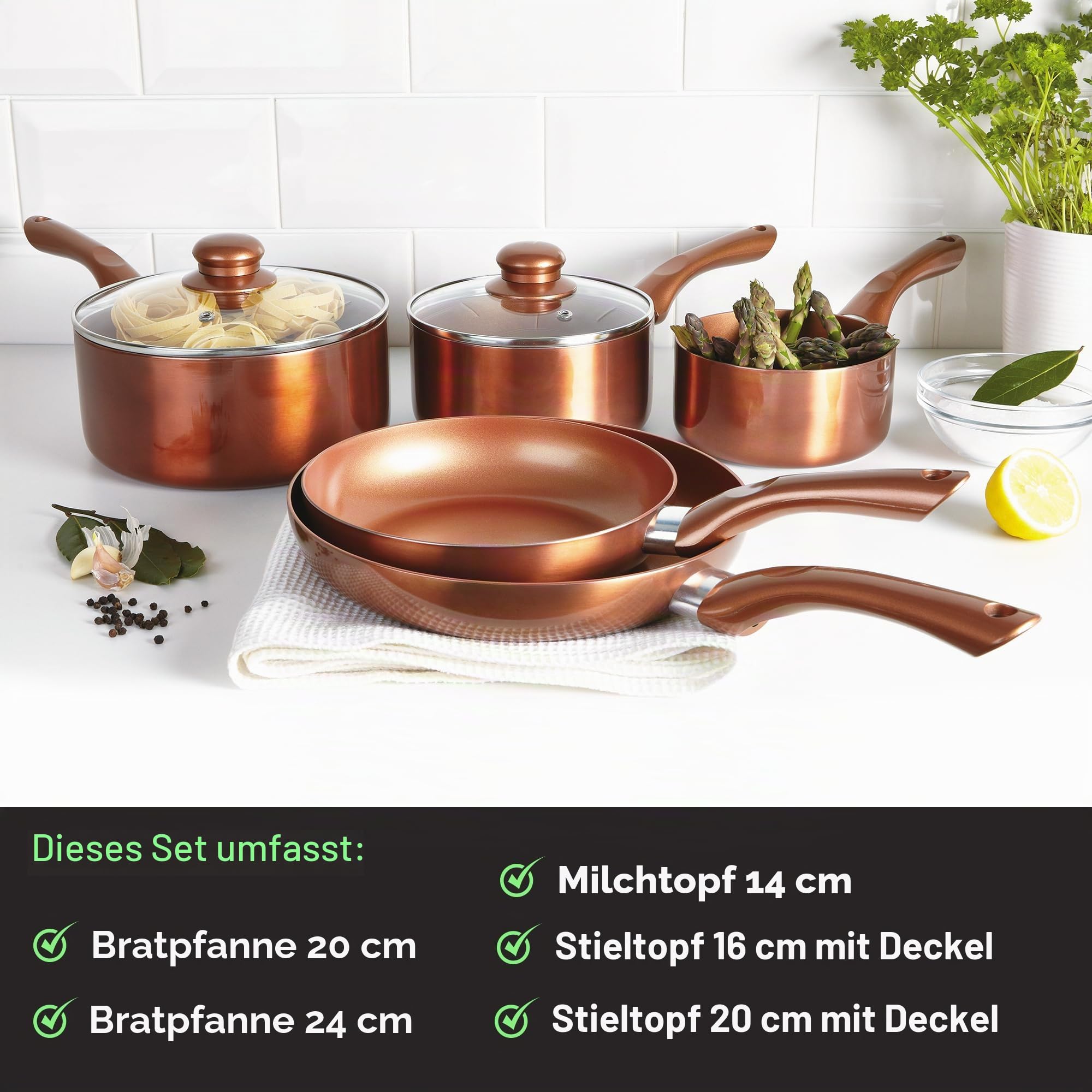 5-teiliges Kochgeschirr-Set aus der Kupfer-Kollektion, inklusive 2 x Bratpfannen und 3 x Töpfen, Keramik-Antihaftbeschichtung mit metallischem Kupfer-Außenmaterial, kompatibel für alle