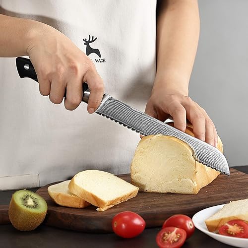 Vista 5 de Cuchillo de pan dentado de 8 pulgadas, cuchillo de cocina profesional de la serie XingRui forjado con VG10 Super Steel de 67 capas de Damasco, mango