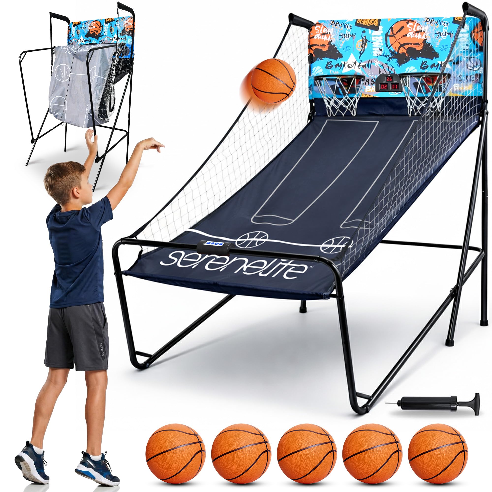 SereneLife Dual Hoop Basketball Shootout Indoor Home Arcade Room Game with Electronic LED Double Basketball Shot Scoreboard & Play Timer, Fold-up Court Shooting Sports for Kids&Adults Player