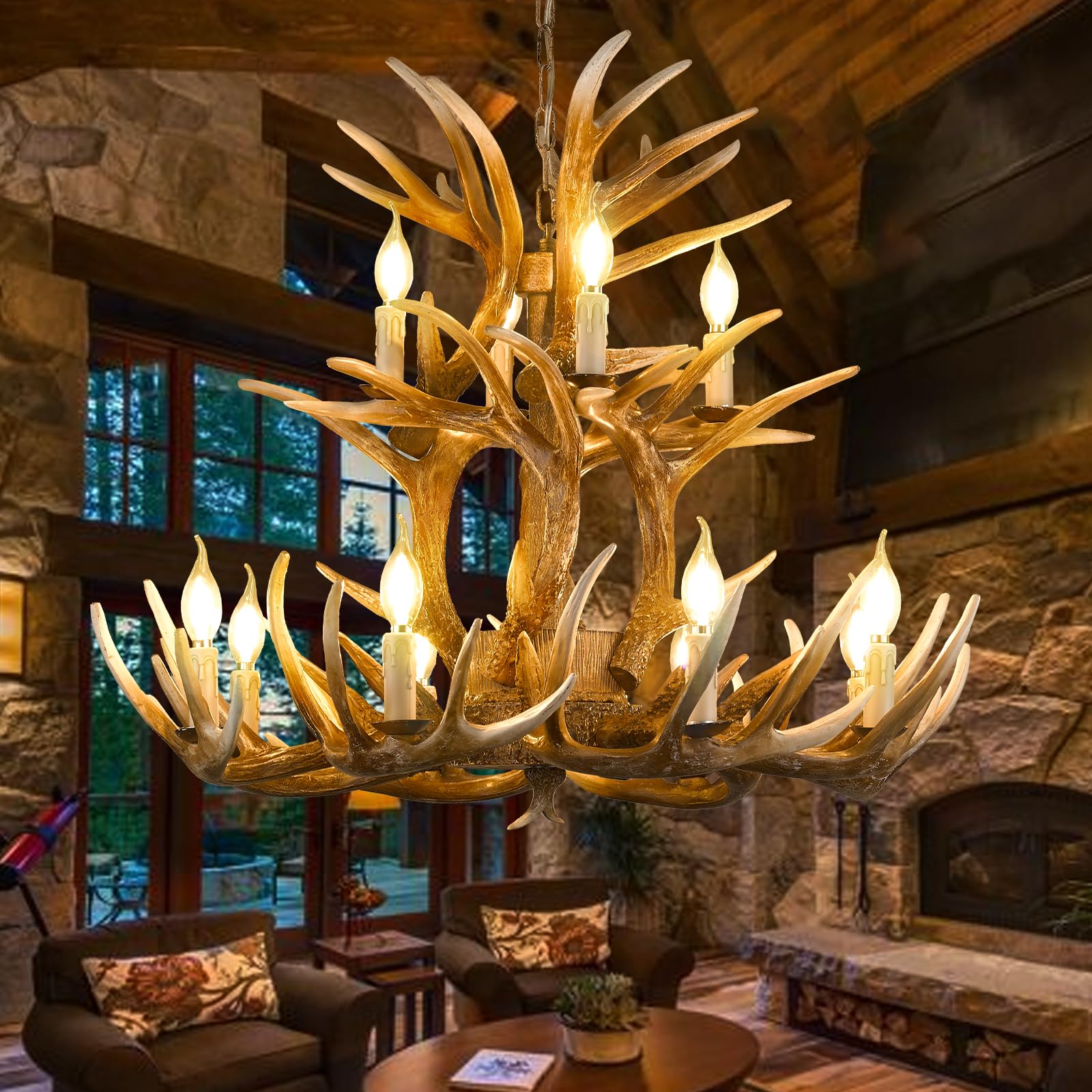 Photo 1 of Fayelight Deer Antler Chandelier - 15 Arms, Rustic Farmhouse