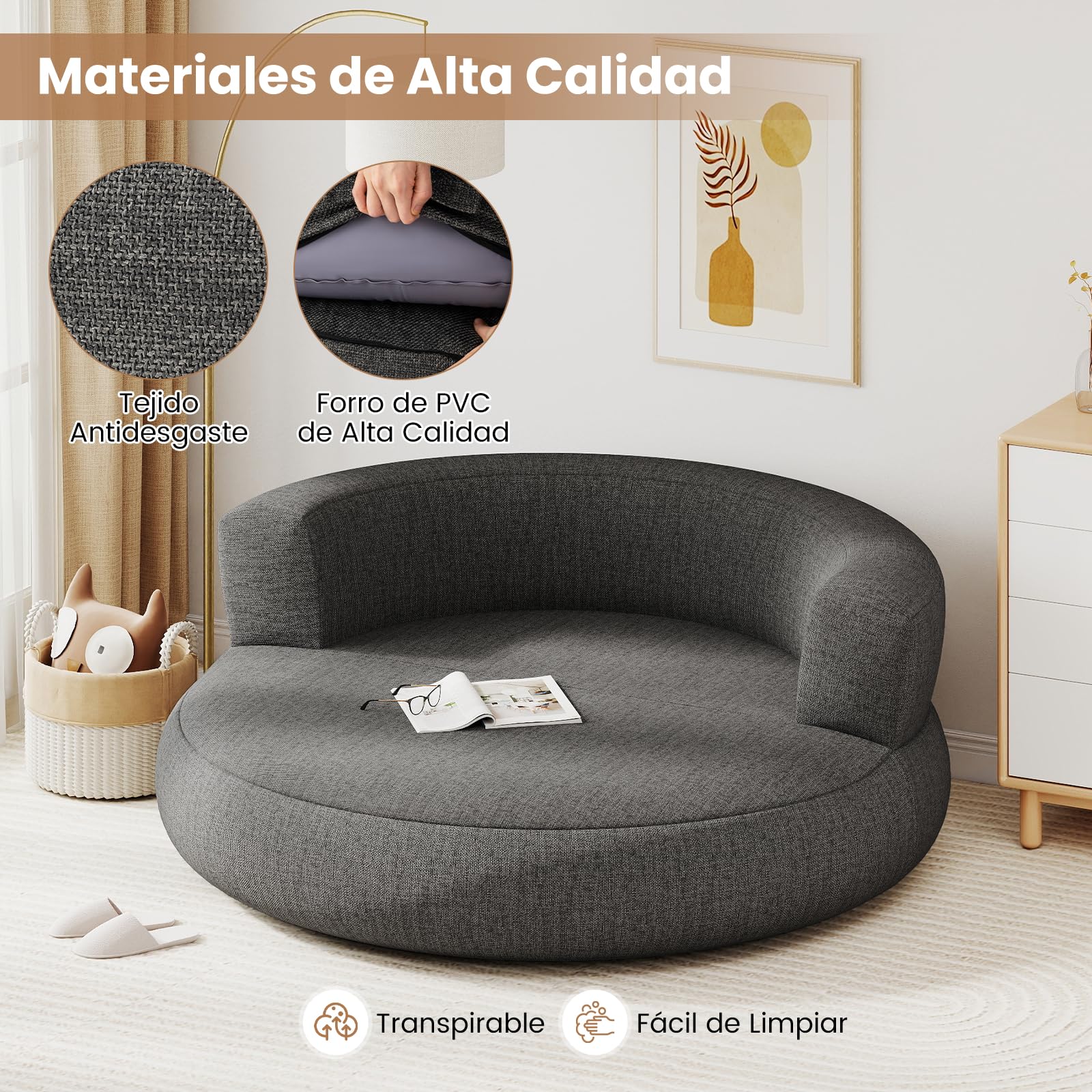 COSTWAY Sofá Hinchable XL, 160 x 164 x 61,5 cm, Sofá Cama Redonda Inflable con Funda Desmontable, Zona Espaciosa y Reposabrazos Amplios, Sillón Hinchable para Salón, Dormitorio, Oficina (Gris)