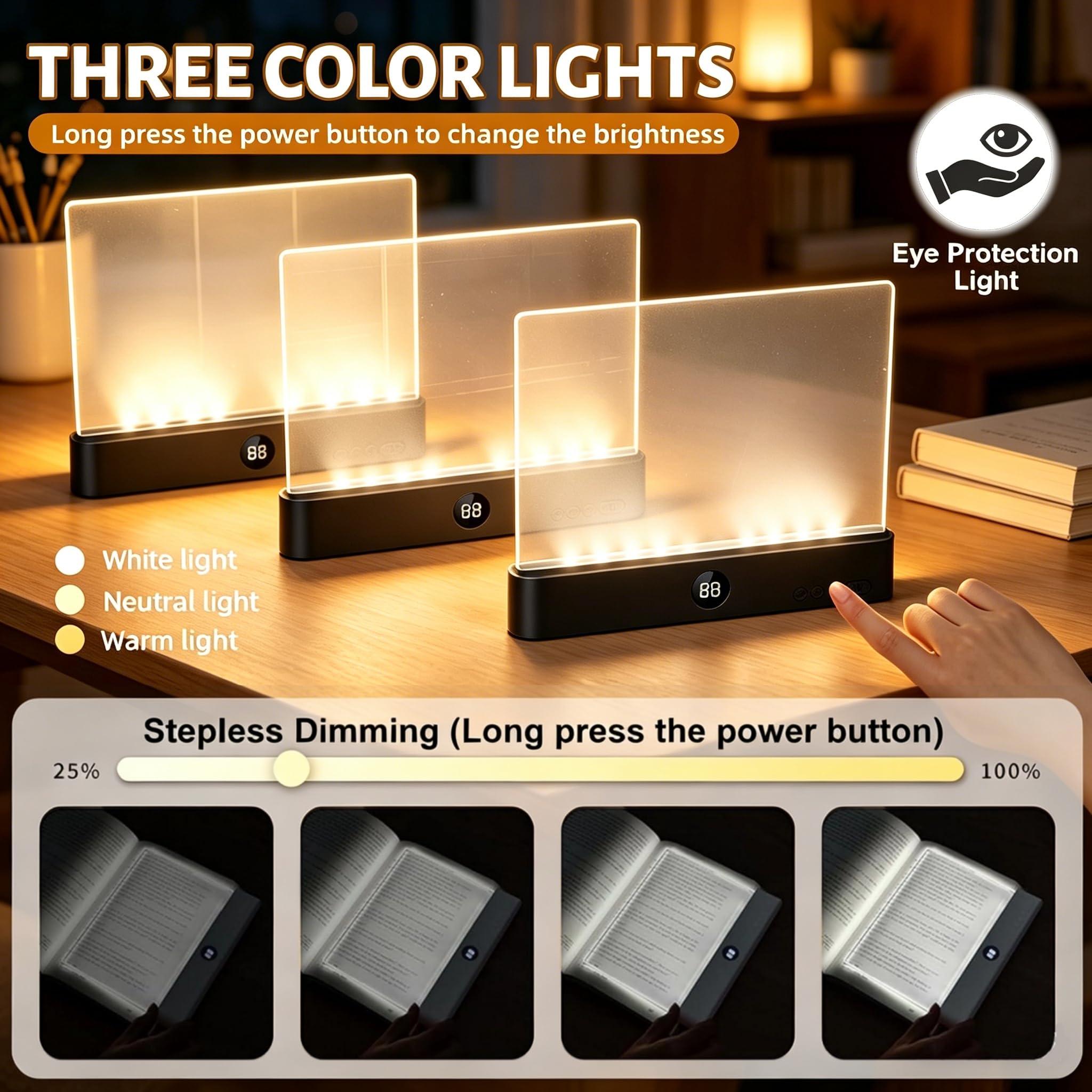 Luz Plana para Libros, Inteligente Luces de Lectura LED con Cronómetro y Luces de 3 colores, Recargable Smart LED Book Light Brillo Ajustable Para Leer en la Cama por la Noche