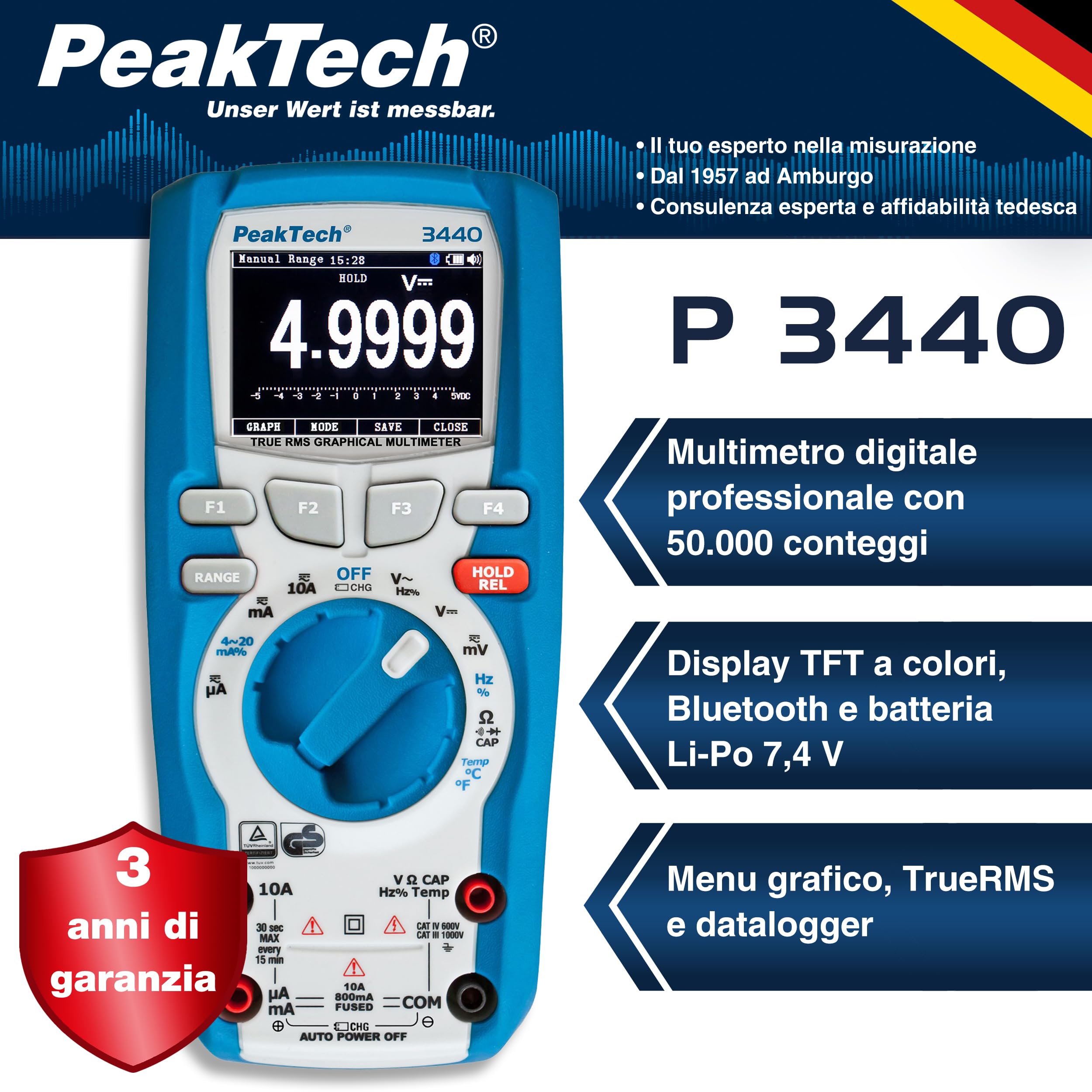 Peaktech 3440 – Multimetro Digitale True Rms con Bluetooth 4 e Display Grafico, 50.000 Conteggi, Tüv/Gs, Autorange, Voltmetro, Tester di Continuità - Cat Iii 1000V