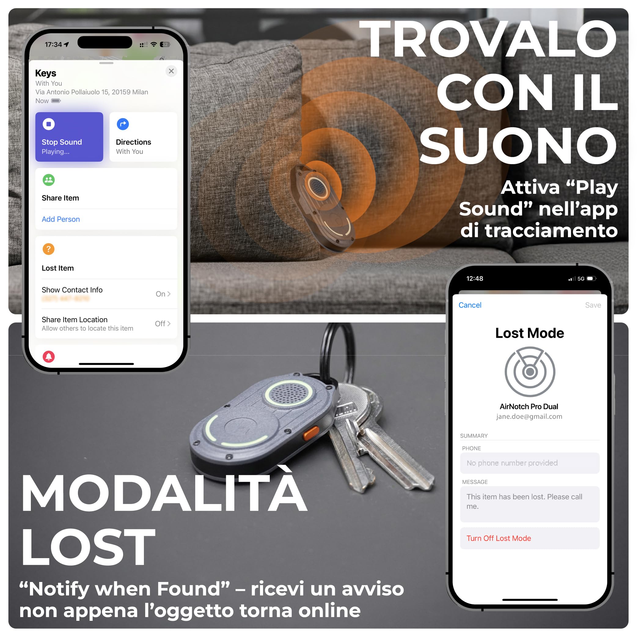 Rolling Square AirNotch Pro Dual – Tracker Android e Apple, Localizzatore Bluetooth Compatibile con Apple Find My e Google Android Find Hub, Suono 360° Batterie Sostituibili, Air Tracker Tag Grigio 2x