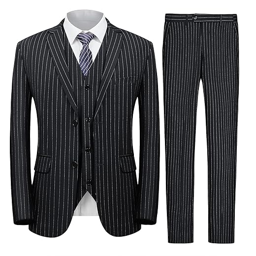 MAGE MALE Men’s Pinstripe 3 Piece Suit Slim Fit Elegant Single Breasted Business Wedding Party Blazer Vest& Pants Set