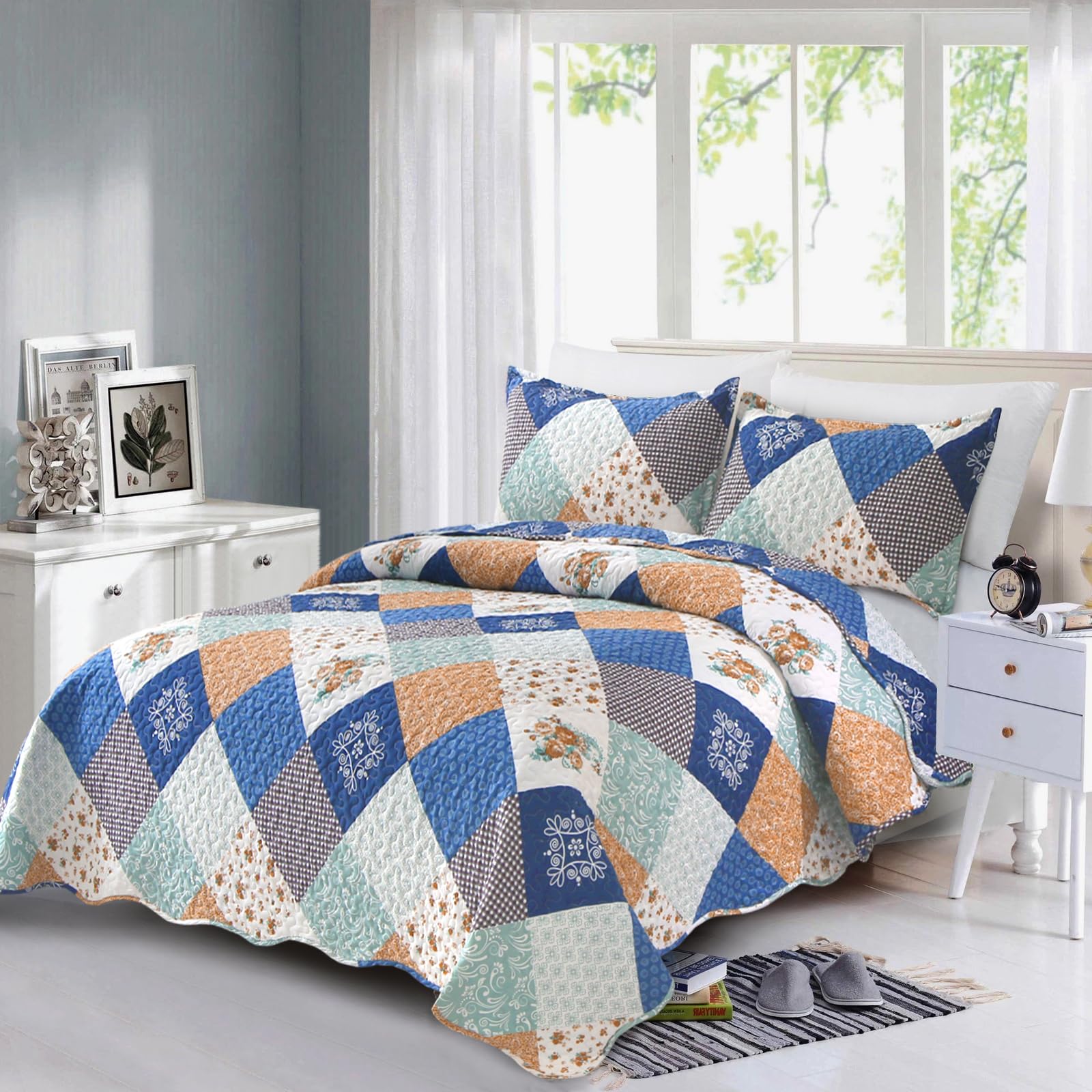 Copriletto Matrimoniale 220x240 Cm Blu A Fiori - Set 3 Pezzi In Microfibra - Foto 9