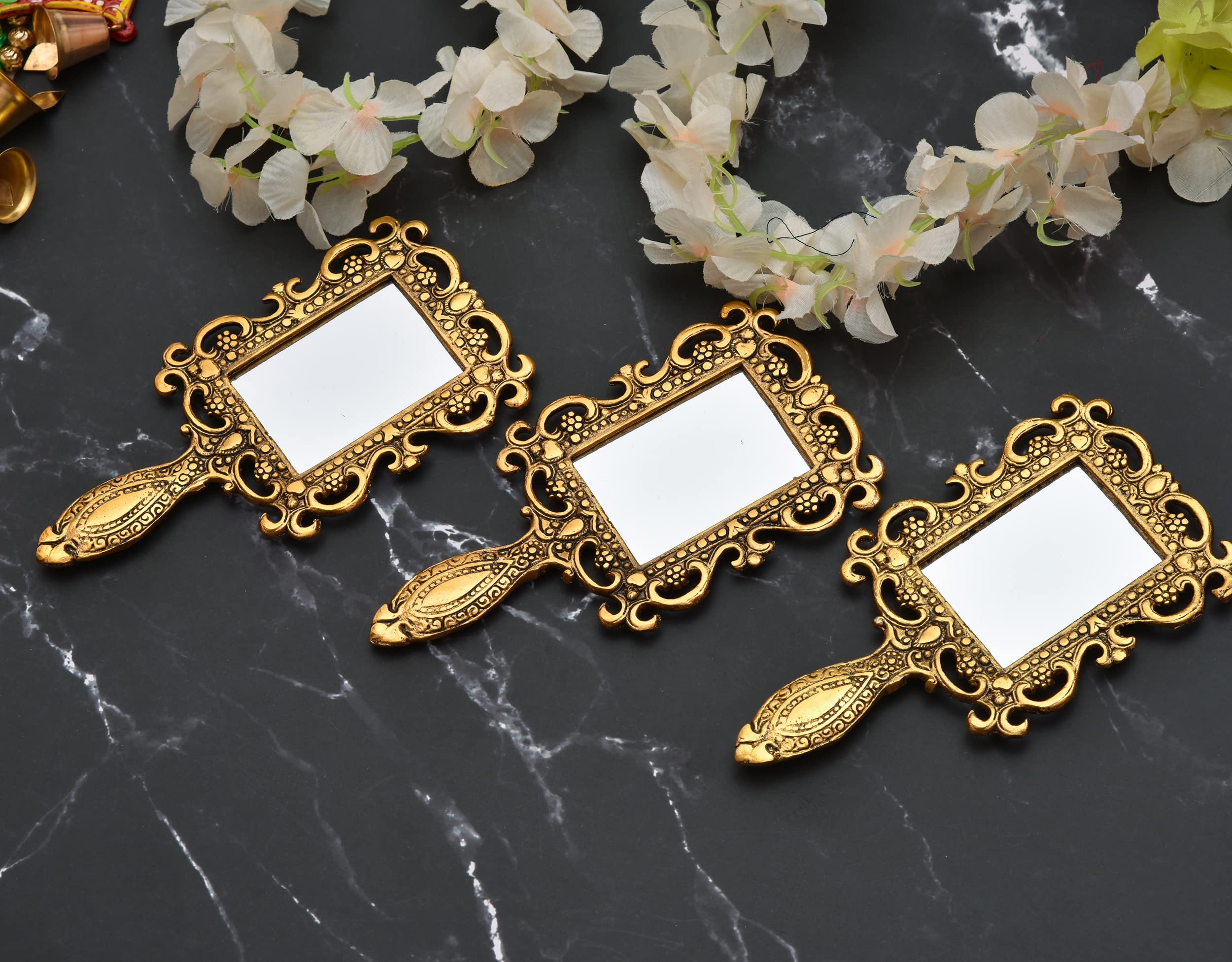 Nirmal Handicraft Metal Handheld Mirror with Handle Antique Craft Rajasthani Vintage Compact for Personal Makeup Vanity Portable Travel Skin Mirror 3 PSC