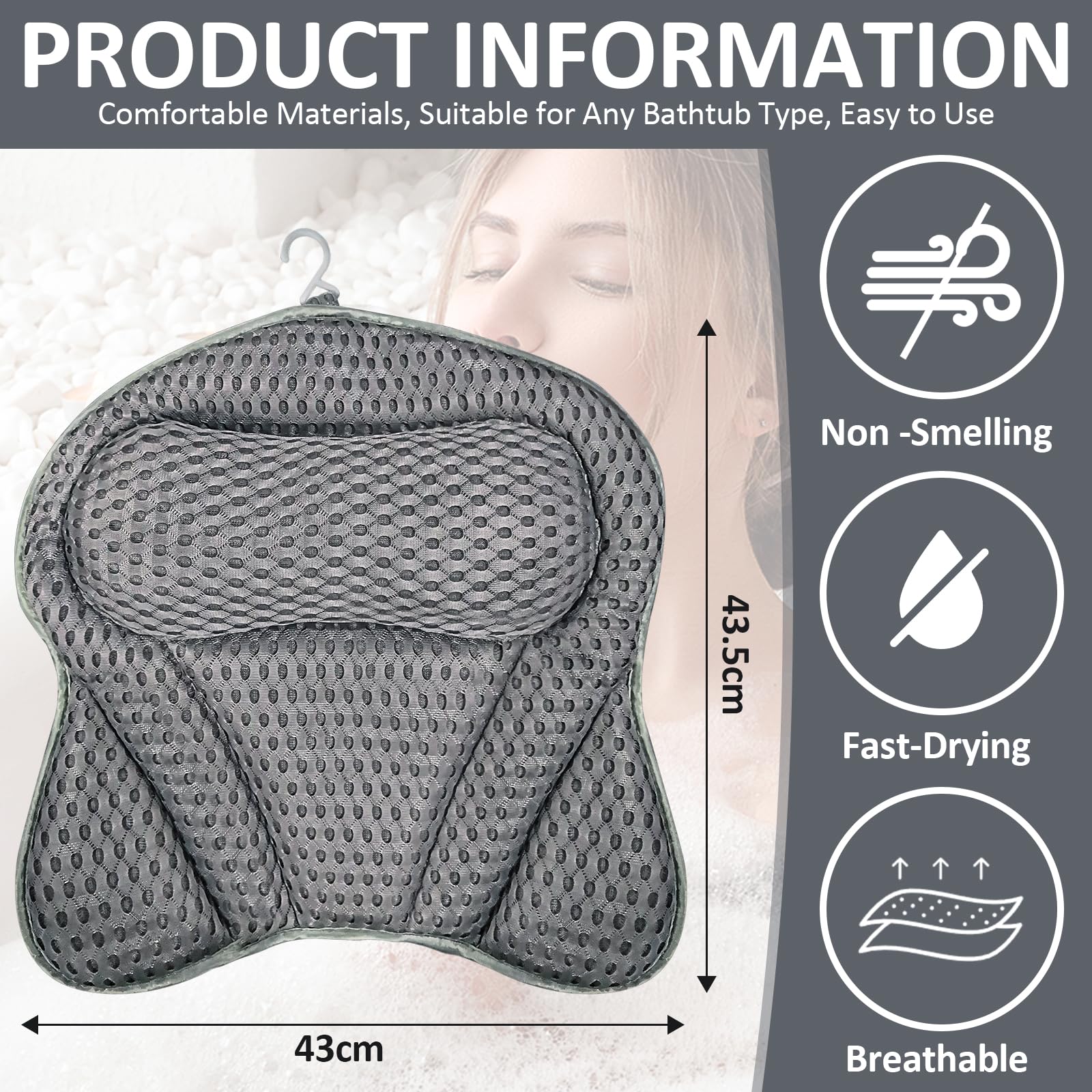 Almohada Bañera,Malla 4D Almohada de Baño,Almohada para Bañera con 6 Ventosas Antideslizantes, Cojín de baño, Puede soportar la Cabeza, el Cuello, para Bañera de Hidromasaje（Gris）