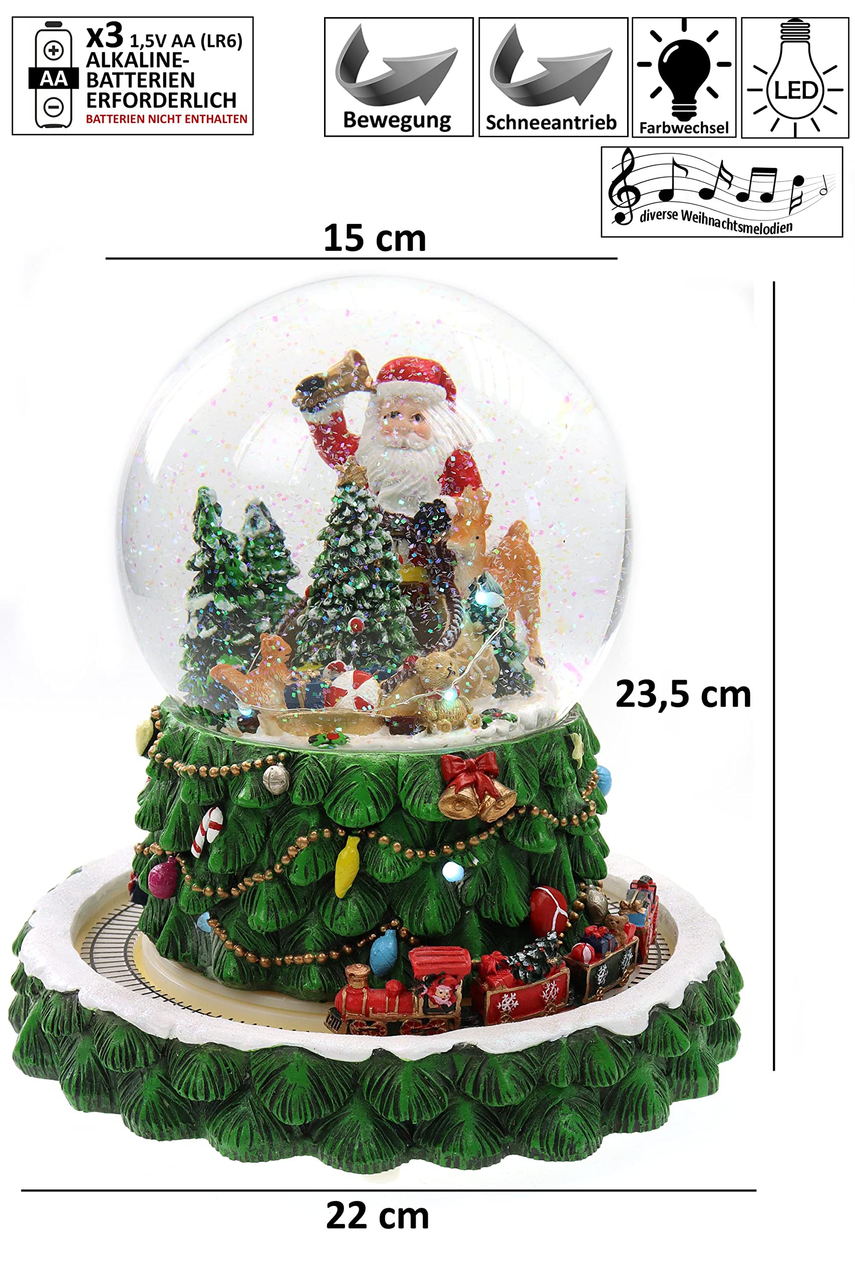ELLUG Schneekugel/Spieluhr Tannenbaum ⌀150mm, weihnachtlicher Sockel mit rotierendem Zug, Musik, Licht & Schneeantrieb, H: 23,5cm