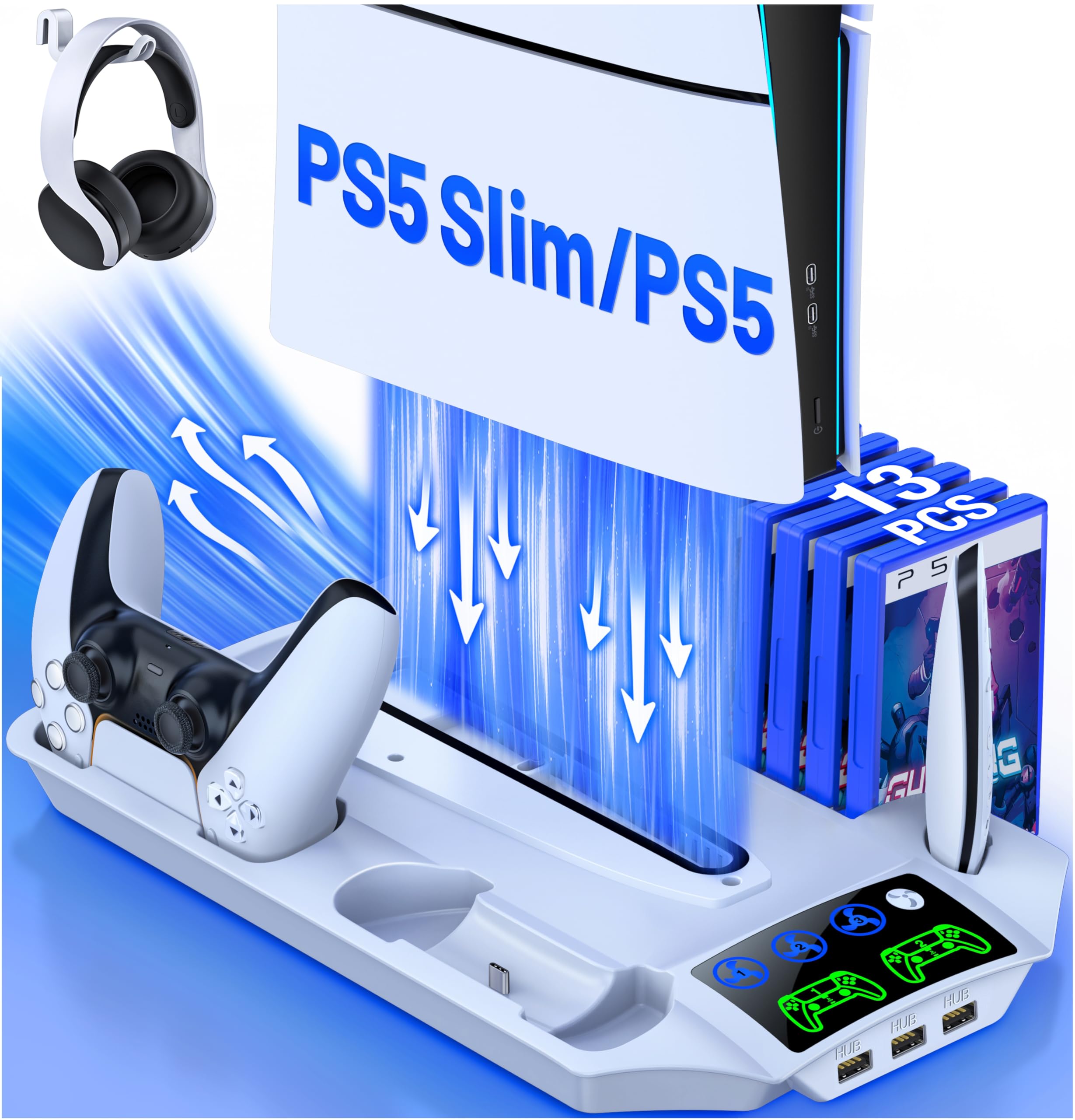 HELLCOOL Supporto PS5 Slim con Ventola di Raffreddamento, Base per Disc/Digital Edition, Doppio Ricarica Controller, 13 Slot di Gioco, 3 Porta USB, Supporto per Cuffie