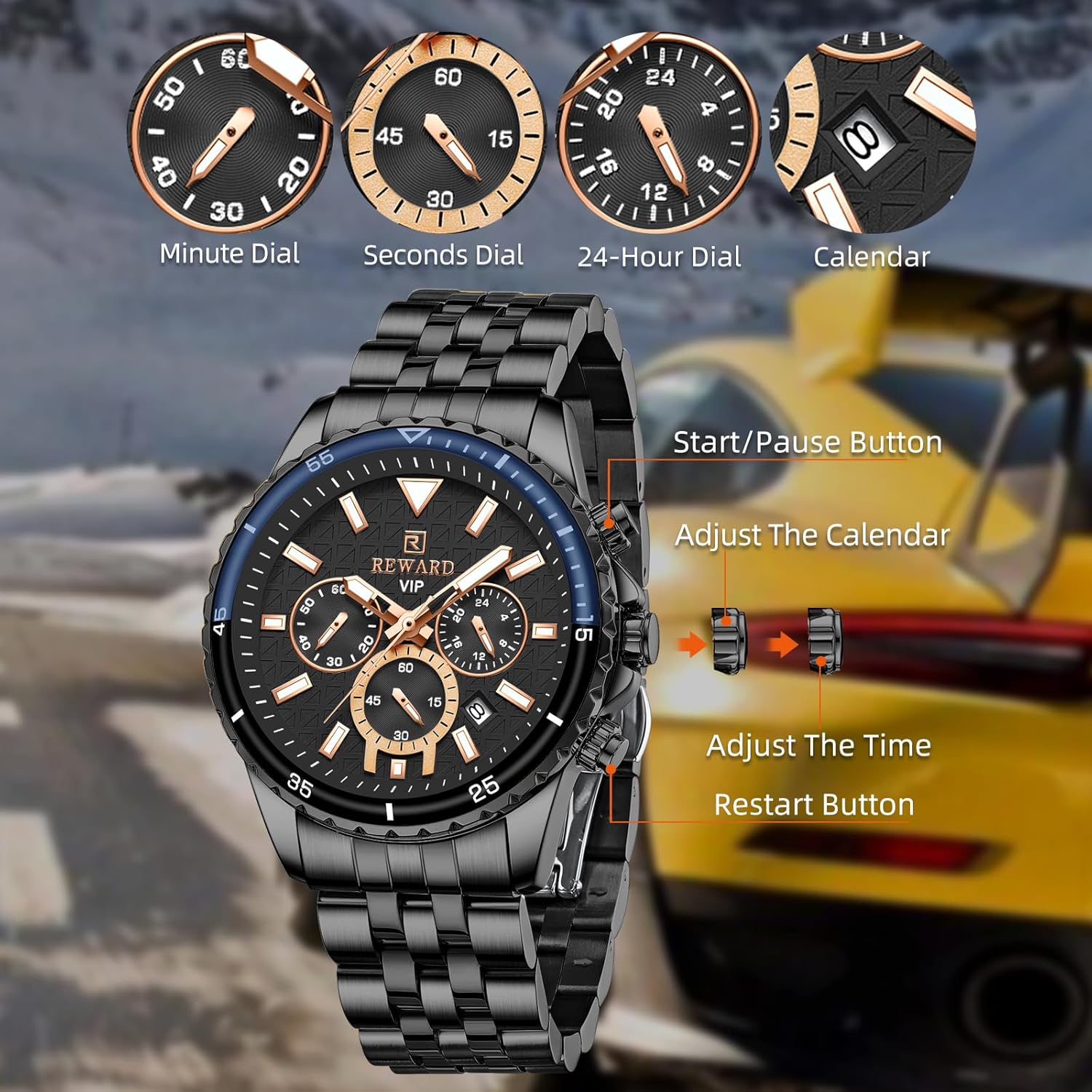 REWARD Men's Wrist Watches Fashion Business Dress Stainless Steel Wristwatch for Men (Chronograph/Waterproof/Luminous/Date) Sport Mens Quartz Watch Black/Silver/Blue/Green - Image 7