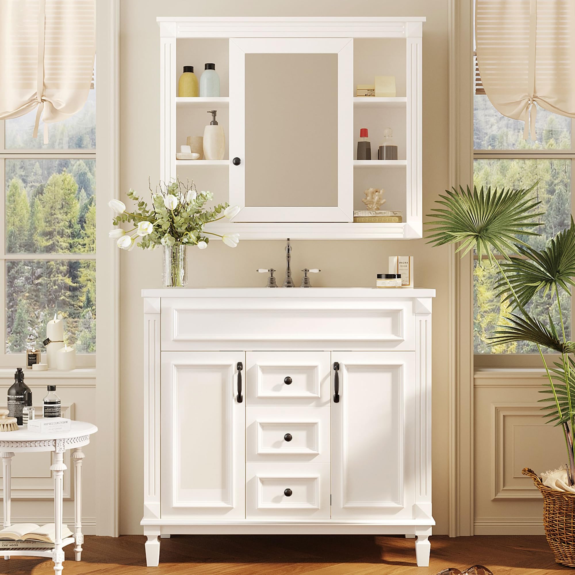 Merax 36" Bathroom Vanity with Sink, 36 inch Bathroom Vanity Storage Cabinet with Matching Mirror Medicine Cabinet, Ceramic Sink Top, Solid Wood Frame, Painted Finish (White)