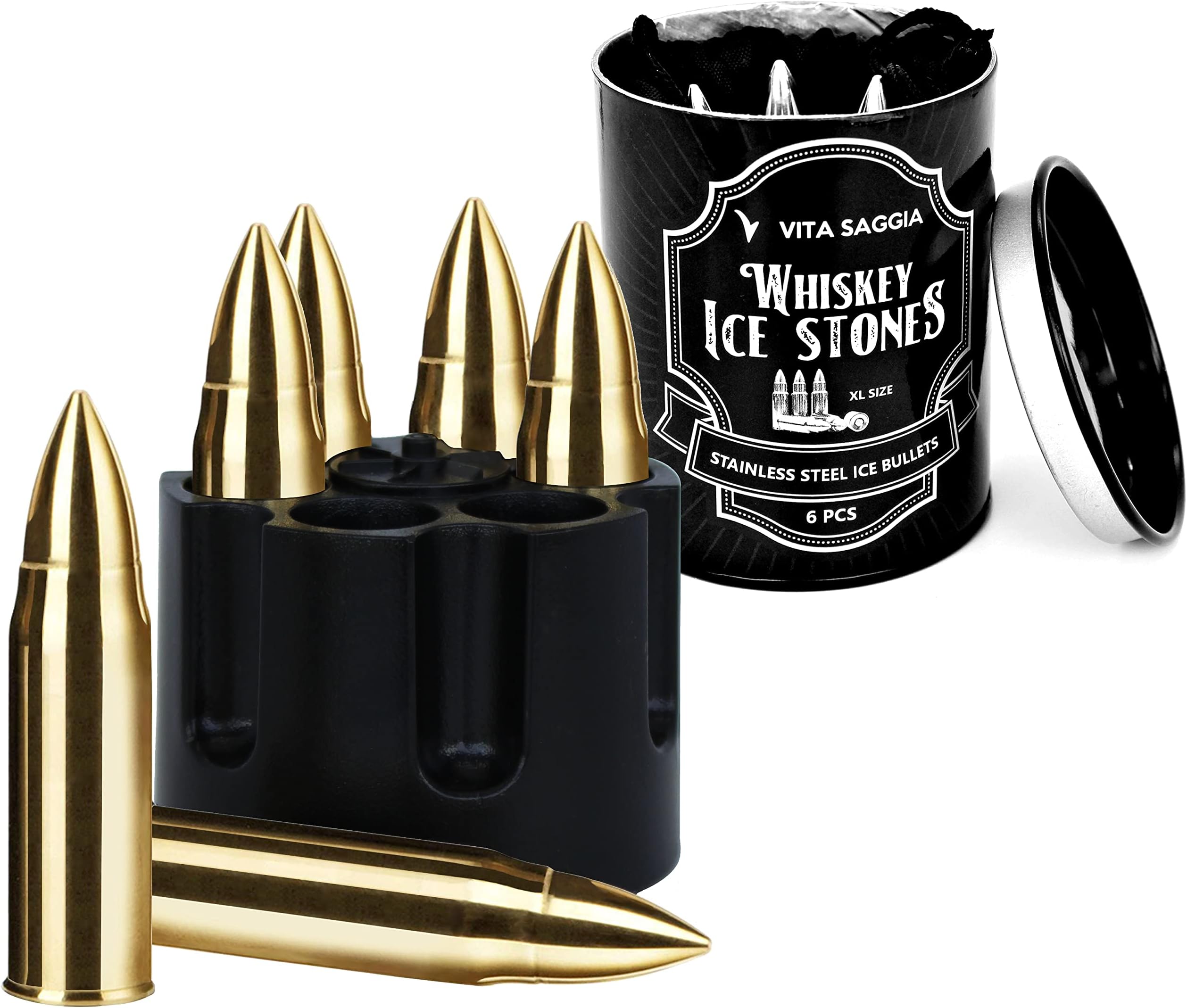 Vita Saggia Set of 6 Golden Whiskey Bullet Stones Extra Large With Realistic Revolver Freezer Base, Premium Stainless Steel Reusable Chilling Ice Cubes Rocks Stone Chillers Gift Set for Men (Gold)