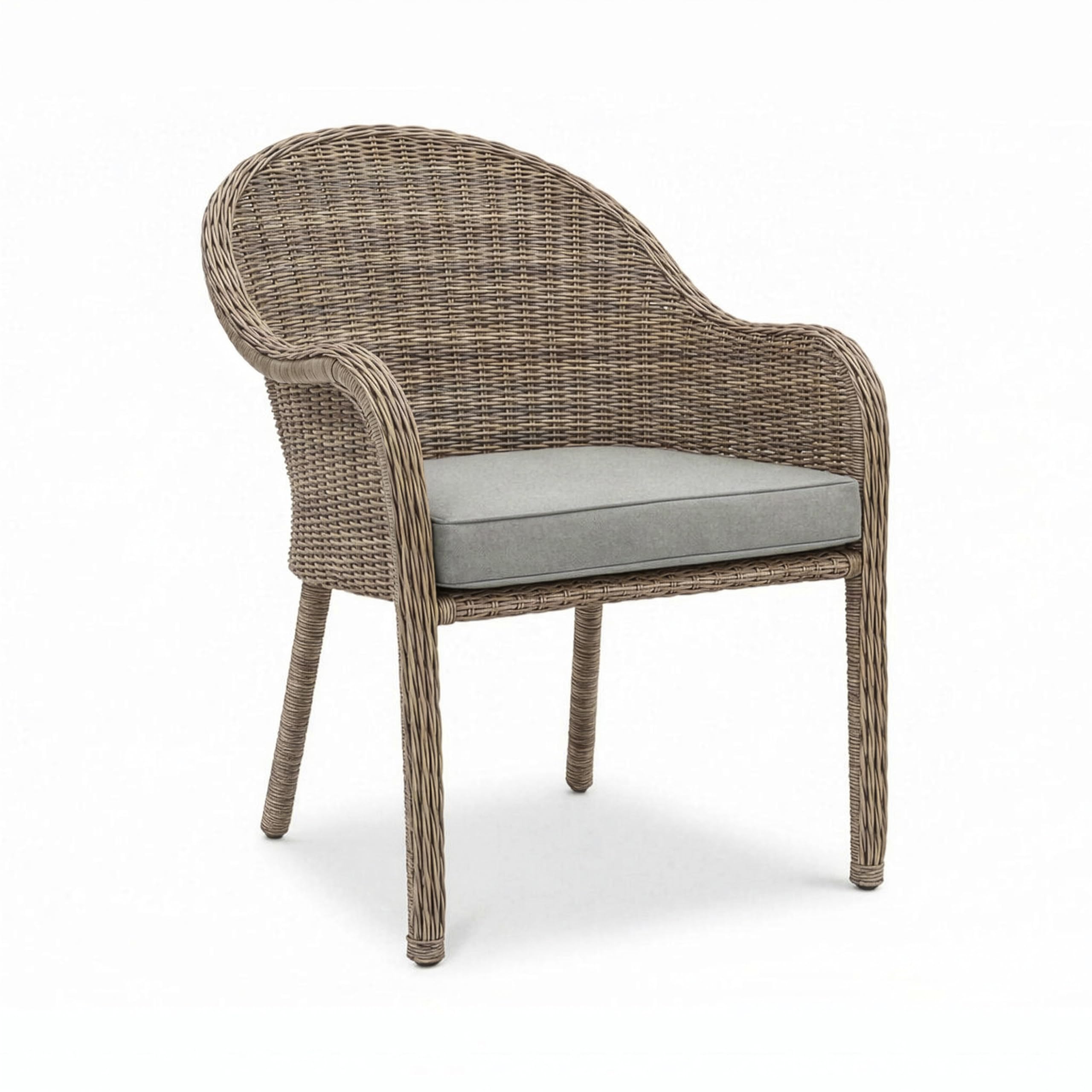 Martha Stewart Lily Pond Indoor-Outdoor Weathered Gray Rattan Wicker Patio Dining Armchair with Gray Seat Cushion, Stackable Up to 8 High, 300 Lb.