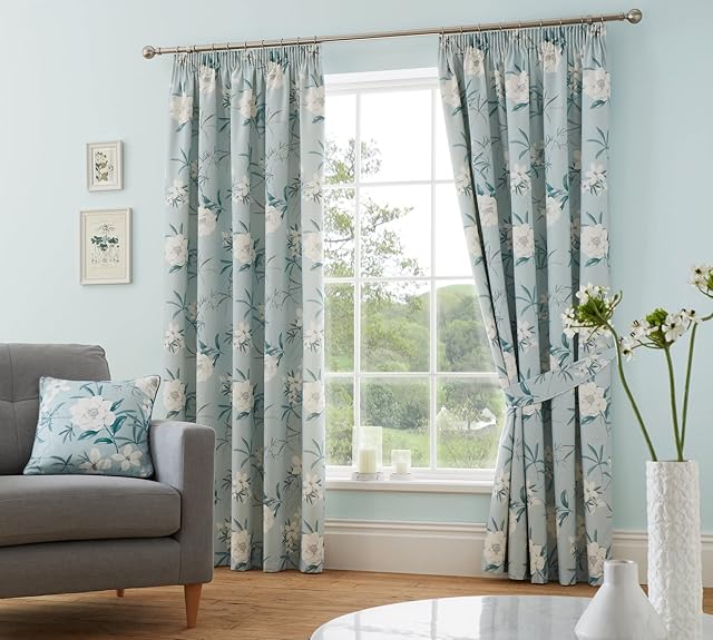Dreams & Drapes Design - Eve - Pair of Pencil Pleat Curtains With Tie - Backs in Duck Egg, 66" Width x 54" Drop (168 x 137cm)