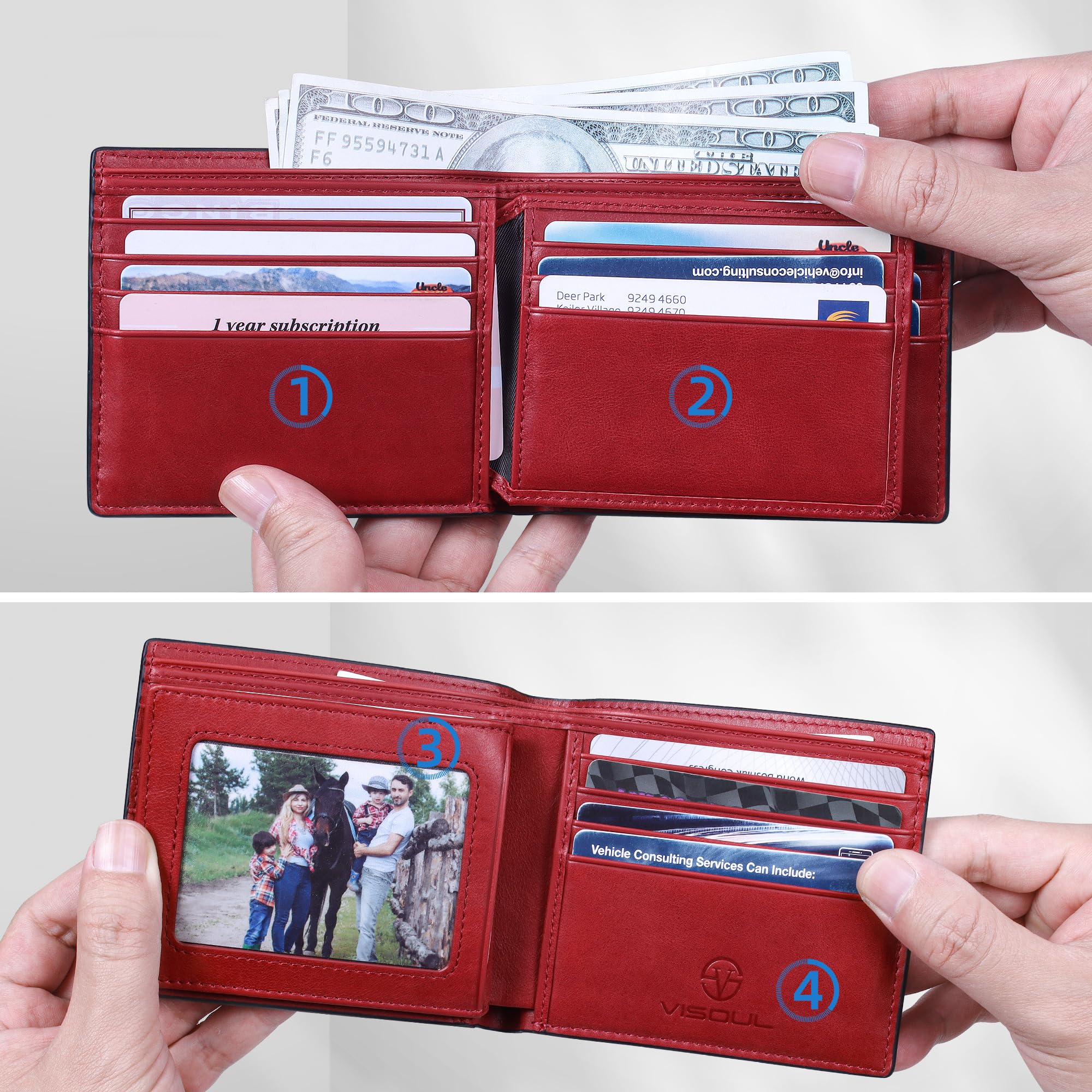 VISOUL Hombre de Fibra de Carbono de Cuero Billeteras Bifold con Bloqueo RFID, Cuero Genuino Cartera con 1 Ventana de ID, 2 Bolsillos para Billetes y 14 Ranuras para Tarjetas(Carbono Negro+Rojo)