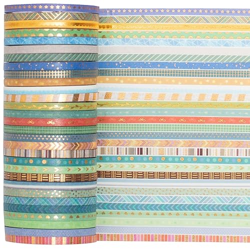 Miniatura 4 de YUBBAEX Juego de 60 rollos de cinta washi delgada de papel de aluminio dorado con patrones básicos delgados para artes manualidades diarios