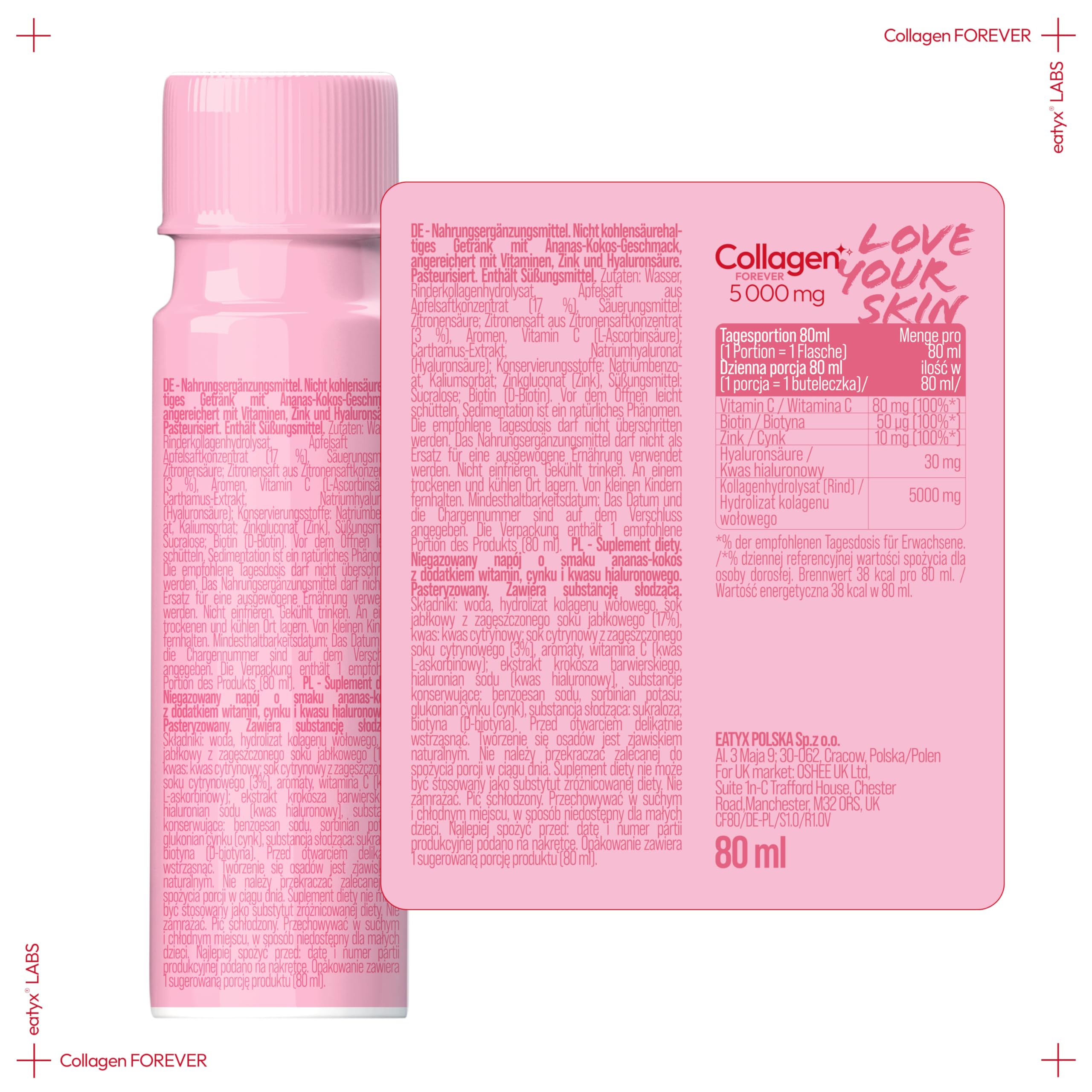 EATYX Labs Collagen Forever 30×80 ml – 30-dniowa kuracja kolagenowa 5000 mg, suplement diety na skórę, włosy i paznokcie, witaminy i kwas hialuronowy