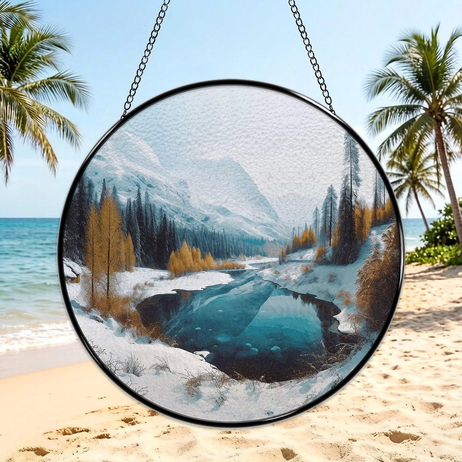 Stained Glass Window Hanging 30x30cm Window Suncatcher Glass Panel with Metal Chain Winter Mountains Snow SceneSun Catchers Wall Art Home Decor Gift for Women Mother's Day
