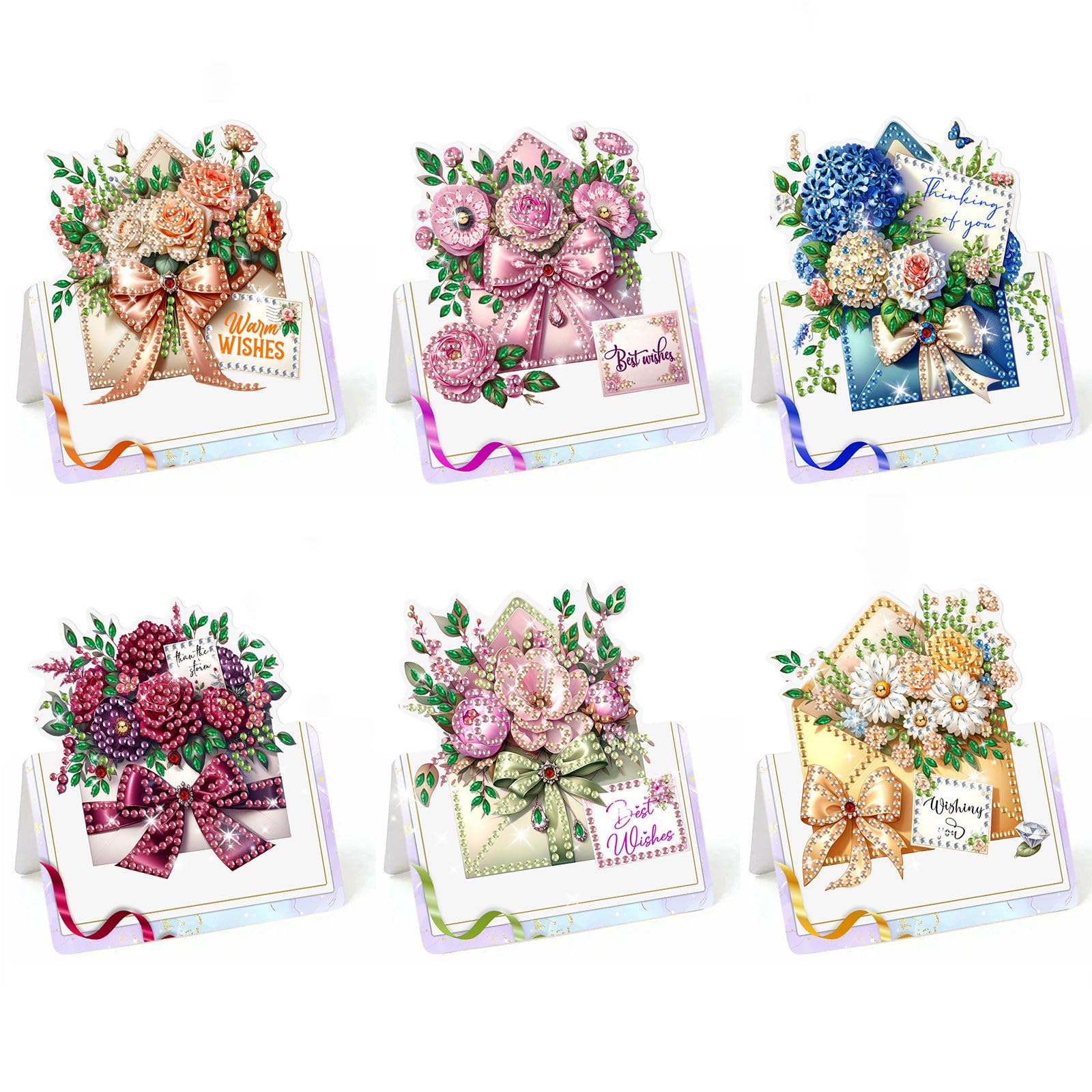 Lebartm 6Pcs 3D Folding Greeting Card DIY Diamond Art Painting Foldable Thank You Cards with White Envelopes Blessing Greeting Card Set for Festival Holiday-Flower Envelope