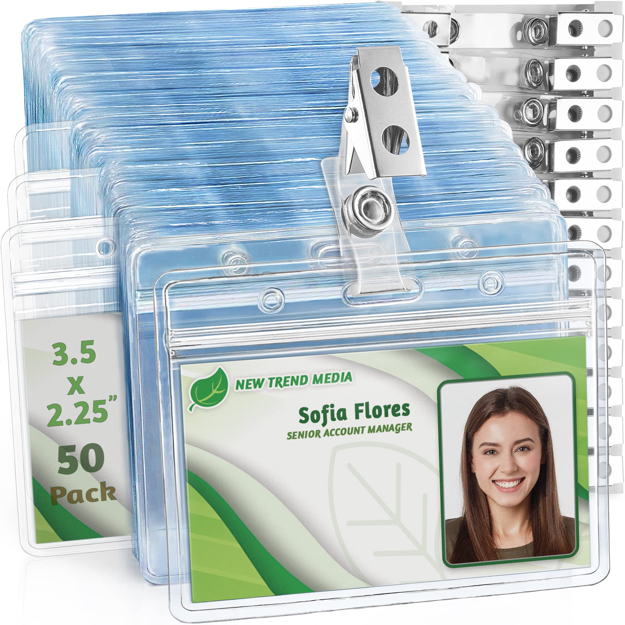 EcoEarth Horizontaler Ausweishalter aus PVC mit Metall-Clips und Vinyl-Bändern (verschließbar, passend für 5.7 x 8.9 cm Einsätze) (transparent, wasserdichter Ausweishalter, Namensschild-Halter