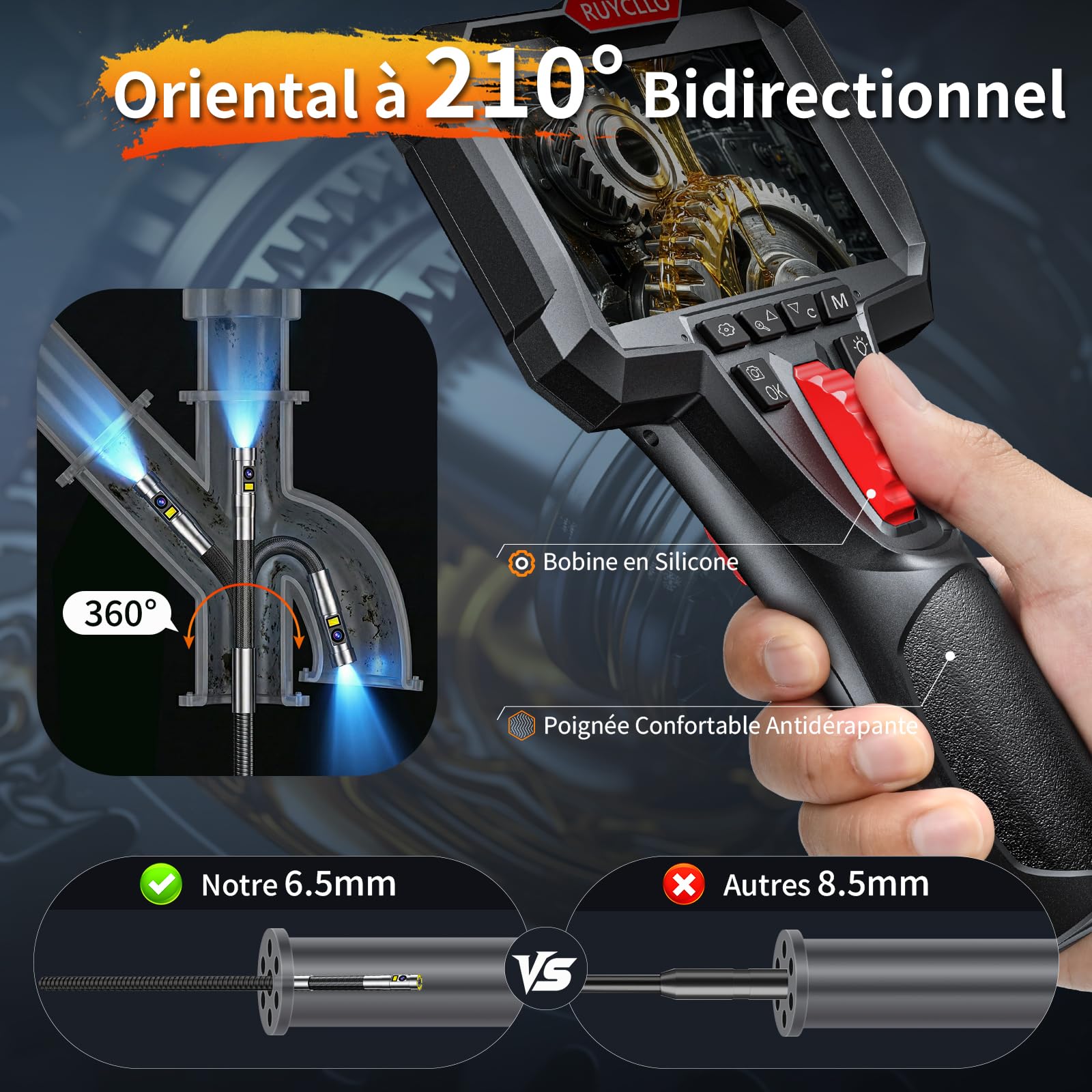 Double Objectif Caméra Endoscopique Industrielle avec Lumière, 1920P HD avec Tête Articulée Ø6,5mm 210°, Étanche IP67, Carte SD 32 Go Incluse - pour Mécanique Auto, Tuyauterie, Maintenance Technique