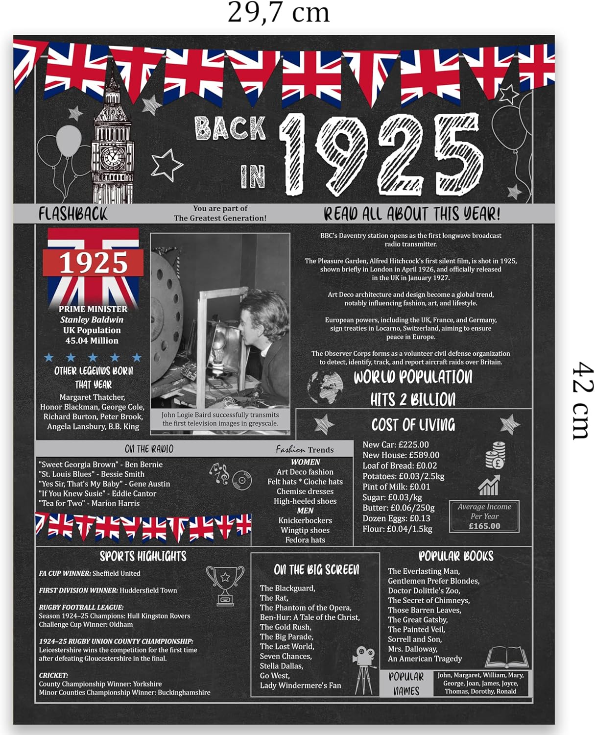 100th Birthday Party Gifts - 100 Years Old Anniversary Poster for Men or Women. Back In 1925 Party Supplies. Birthday or Wedding Gift Ideas for Home Wall Decorations. Born 100 Years ago Size A3 5