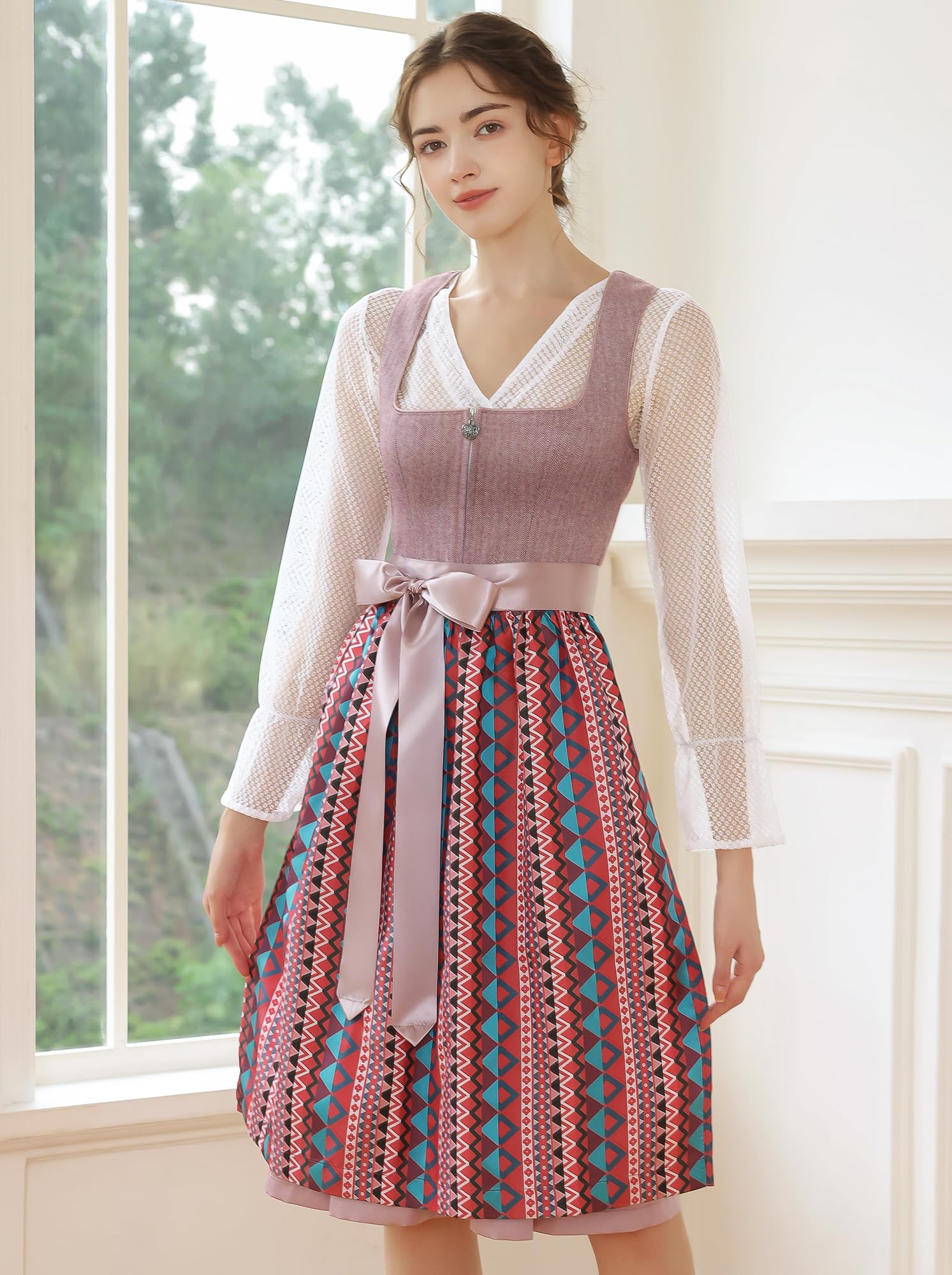 EIISSION Dirndl Damen midi Lang Dirndl Trachtenkleid Trachtenrock Dirndl-Komplettsets Trachtenmode Trachten Damen mit 3 Teilig Dirndl Schürze Dirndlbluse Oktoberfest Dresses Dirndlkleid