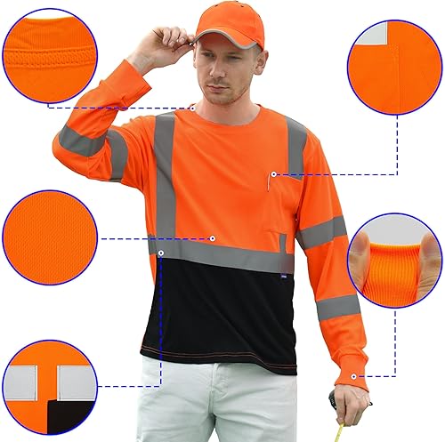 Miniatura 7 de AYKRM Camiseta de seguridad reflectante de alta visibilidad de alta visibilidad (XS-6XL), Amarillo, naranja