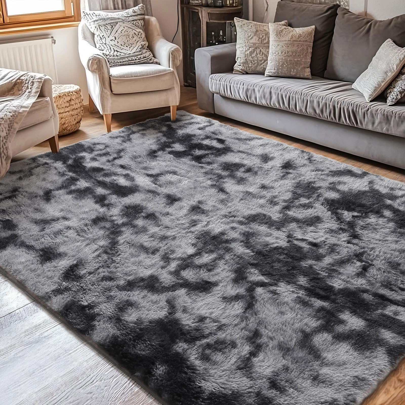 Leesentec Area Rugs Soft Fluffy Carpets For Living room Shaggy Rug Modern Area Rug For Bedroom Anti-Slip Rugs For Kids Room Indoor Home Decorative Carpet (Black Grey, 120 x 160 cm)