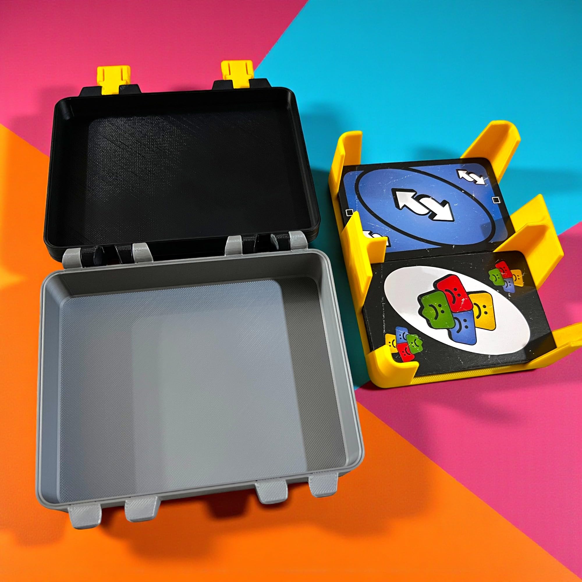 Uno No Mercy Card Game Storage Box with Snap On Locks, Inner Tray, Multicolor, Durable (Gray Storage Box Only) 1