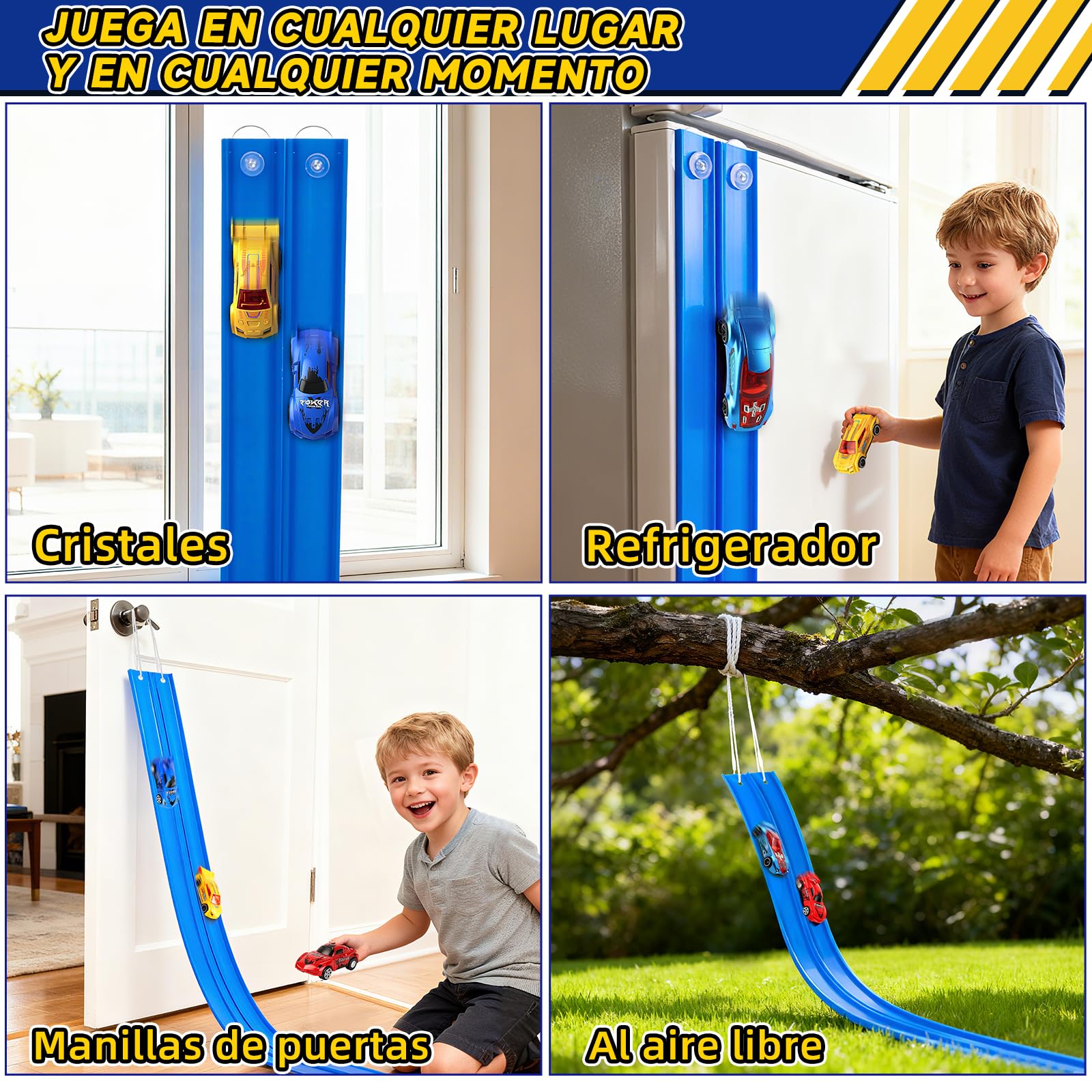 Charmofun Pista de Coches Flexible 5M, Pista de Coches para Niños con 4 Coches, Bolsa Almacenamiento, 2 Lanzadores, 8 Rampas y Ventosas, Pista De Carreras Portátil para Niños de 3+ Años (Azul)