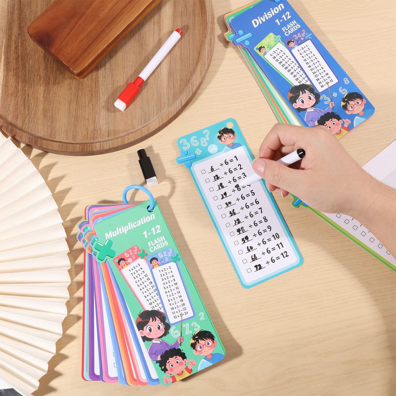 beinkmake 30Pcs Multiplication and Division Flash Cards Time Table Flash Cards Reusable Math Flashcards with 4 Dry Erase Pens 2 Rings Self Check Classroom Home Learning Aids Number for Grades 1 to 6 - Image 3