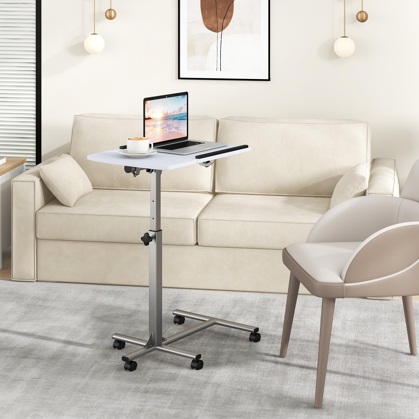Scrivania mobile per laptop con ruote bloccabili, tavolo regolabile in altezza per casa e ufficio, postazione di lavoro per computer a forma di C con piano inclinabile