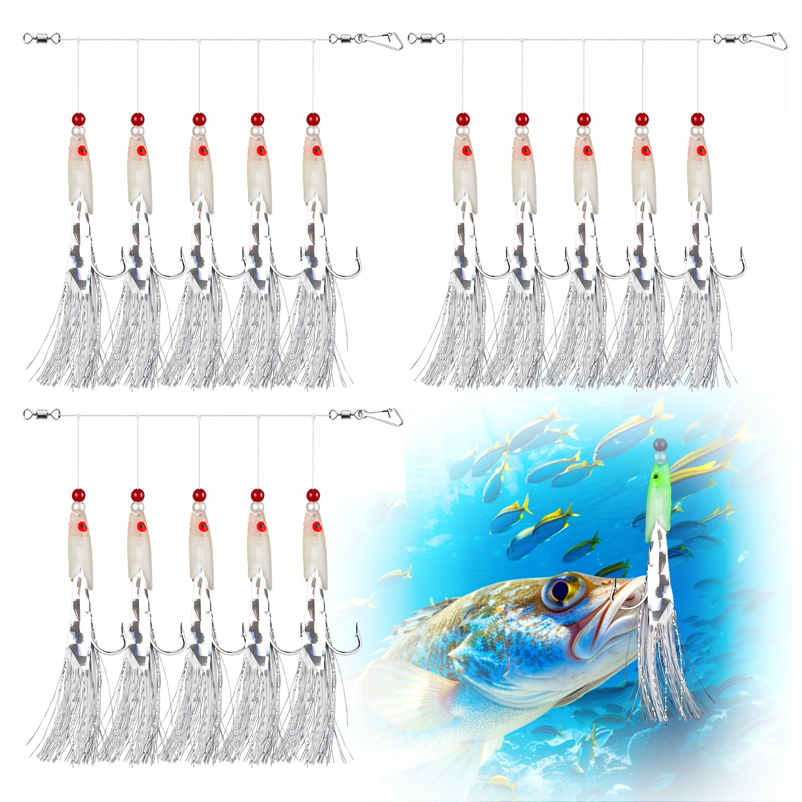 10X Luminous Bait Feathers Lures Mackerel Bass Cod Sea Fishing Rig