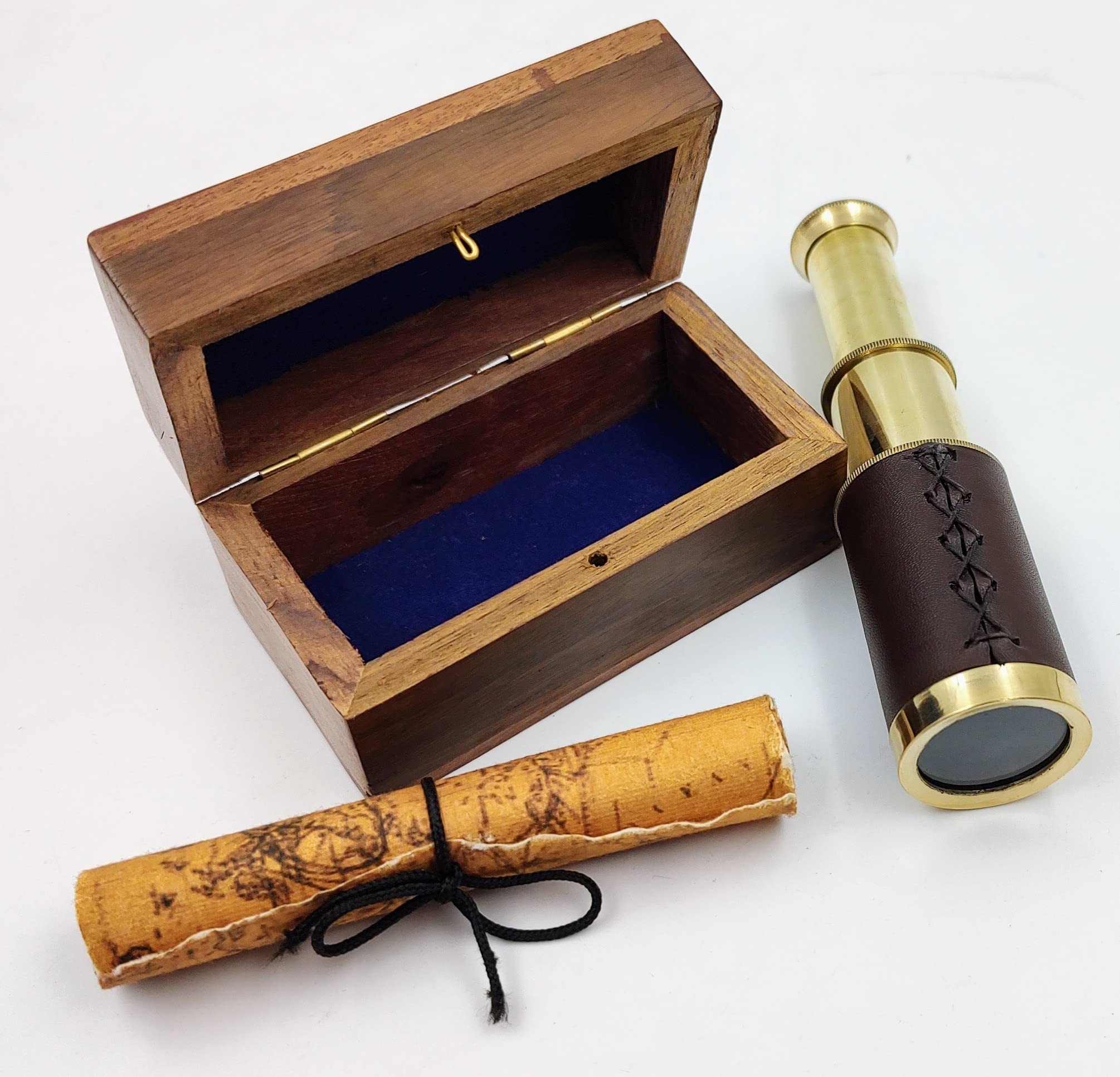 Qarzun 6" Handheld Brass Telescope with Wooden Box and Antique Map - Pirate Navigation