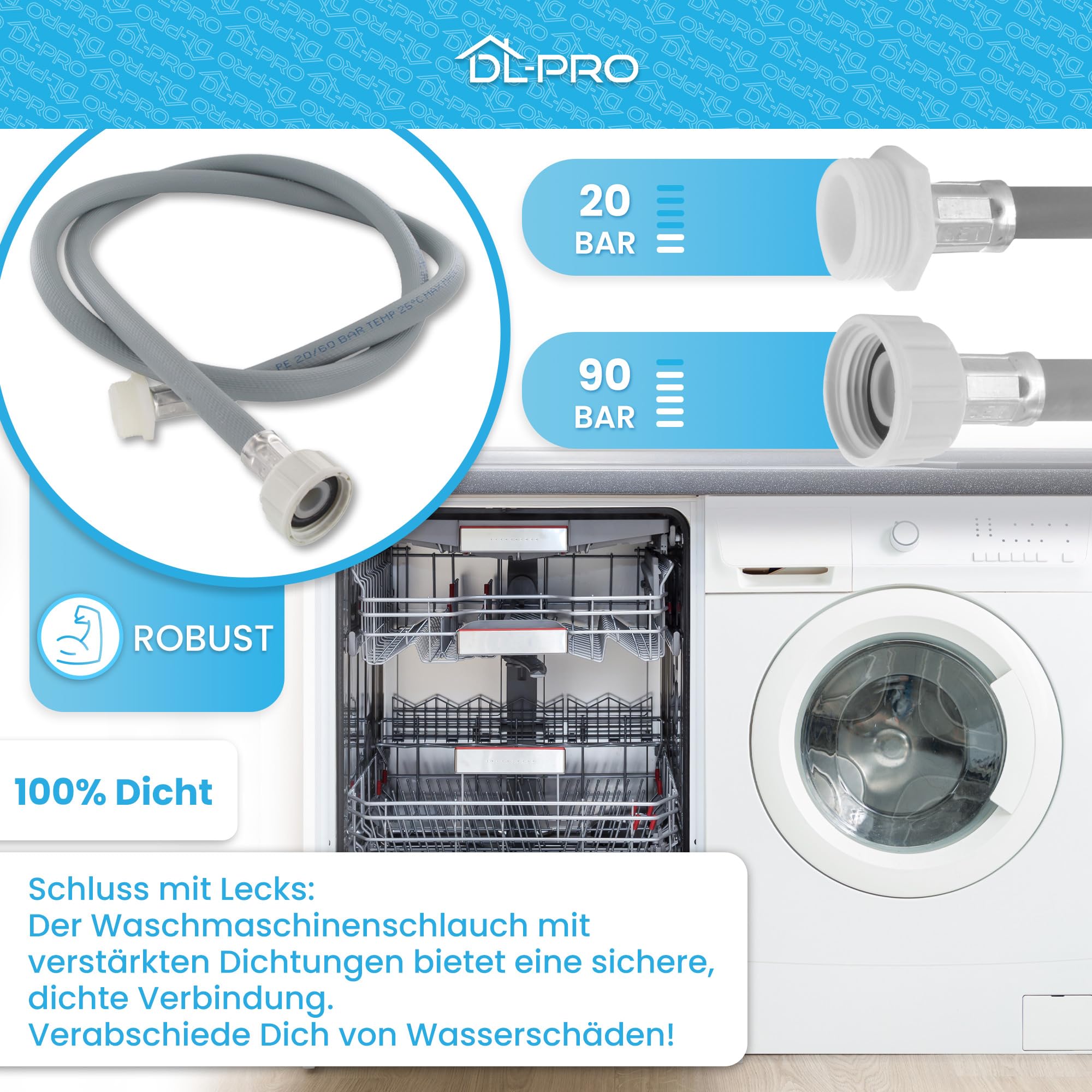 DL-pro Tuyau d'alimentation en eau universel Tuyau d'arrivée d'eau Rallonge eau 3,5 m (350 cm) - max 25°C - PE 20 BAR - PS 90 BAR - pour lave-vaisselle lave-linge machine à laver sèche-linge