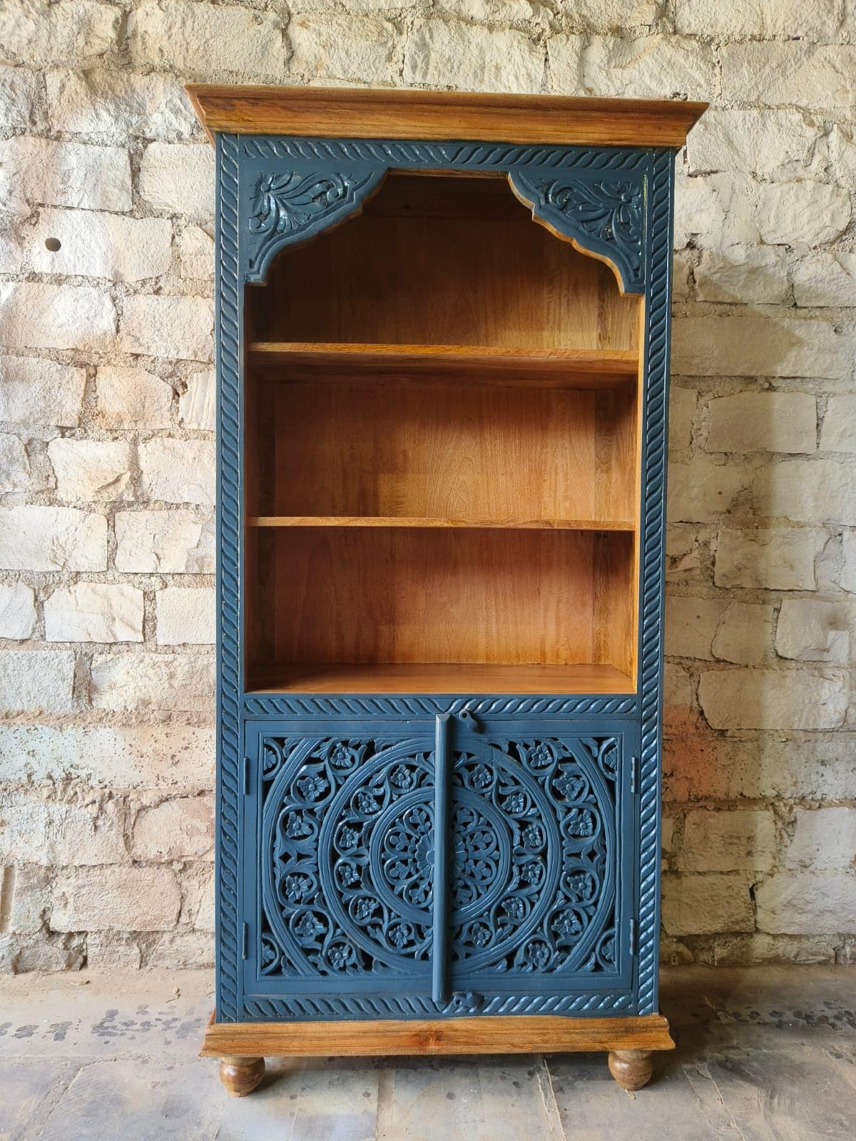 Hand Carved Solid Mango Wood Display Cupboard Cabinet | Book Shelf for Living Room | Cabinet Wardrobe for Home Decor | Green Finish | 40D x 91W x 183H Centimeters-image-24