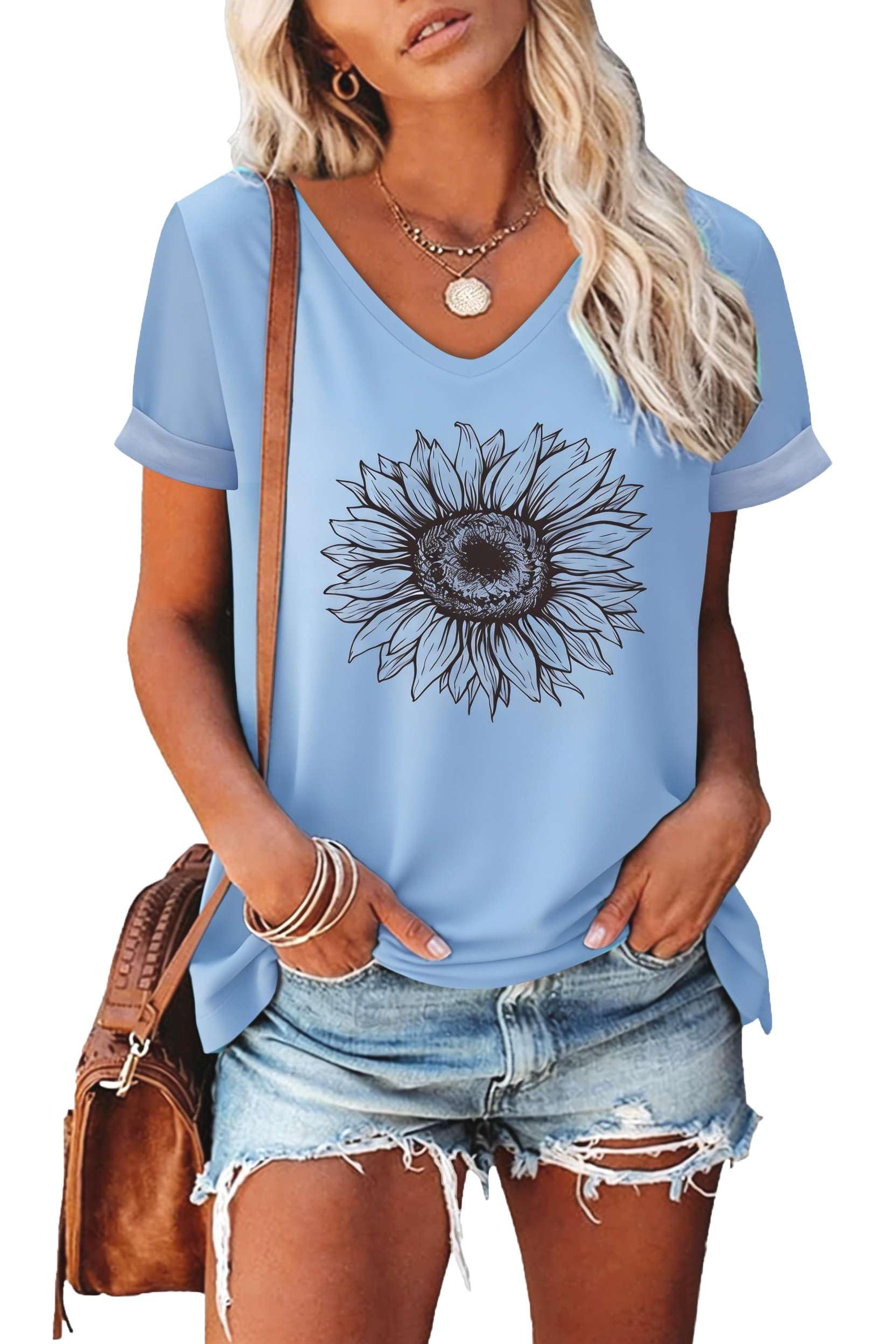 NAIOSS Damen Langarmshirt Bedruck Oberteile Herbst Tshirt V-Ausschnitt Shirts Baumwolle Casual Tops