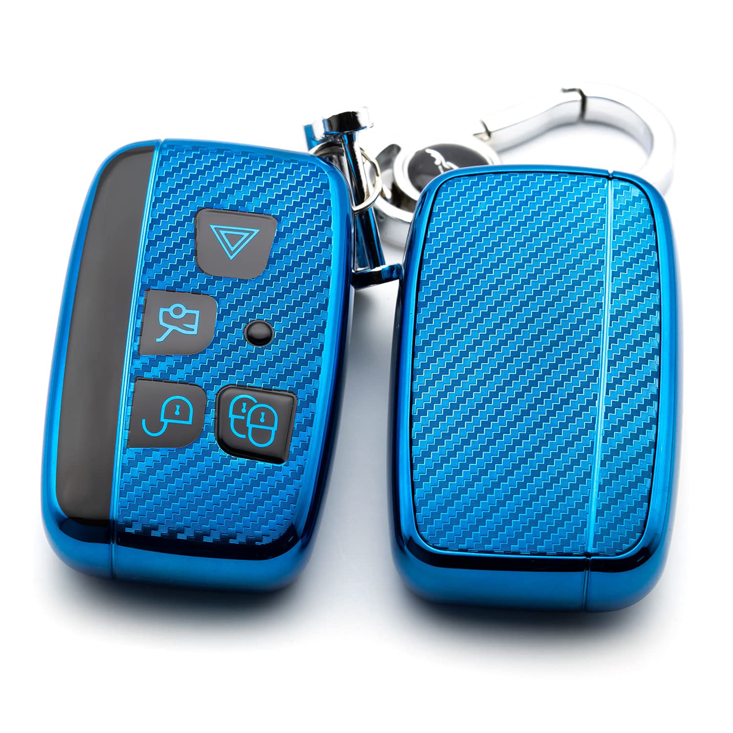 M.JVisun Soft Carbon Fiber Finish Car Key Fob Cover For Land Rover Discovery 4/Sport Freelander 2 For Range Rover Evoque/Sport/Velar Electroplated TPU Case With Metal Keychain - Blue — view 7
