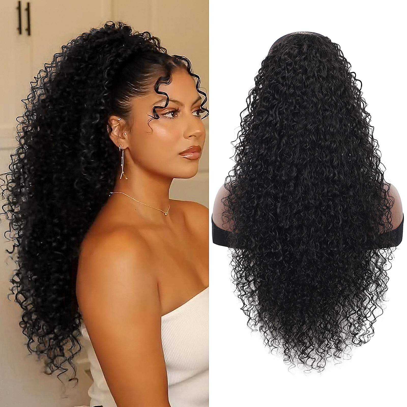 Kalyss Drawstring Ponytail 27”Extension Afro Kinky Curly Natural Black Black Medium