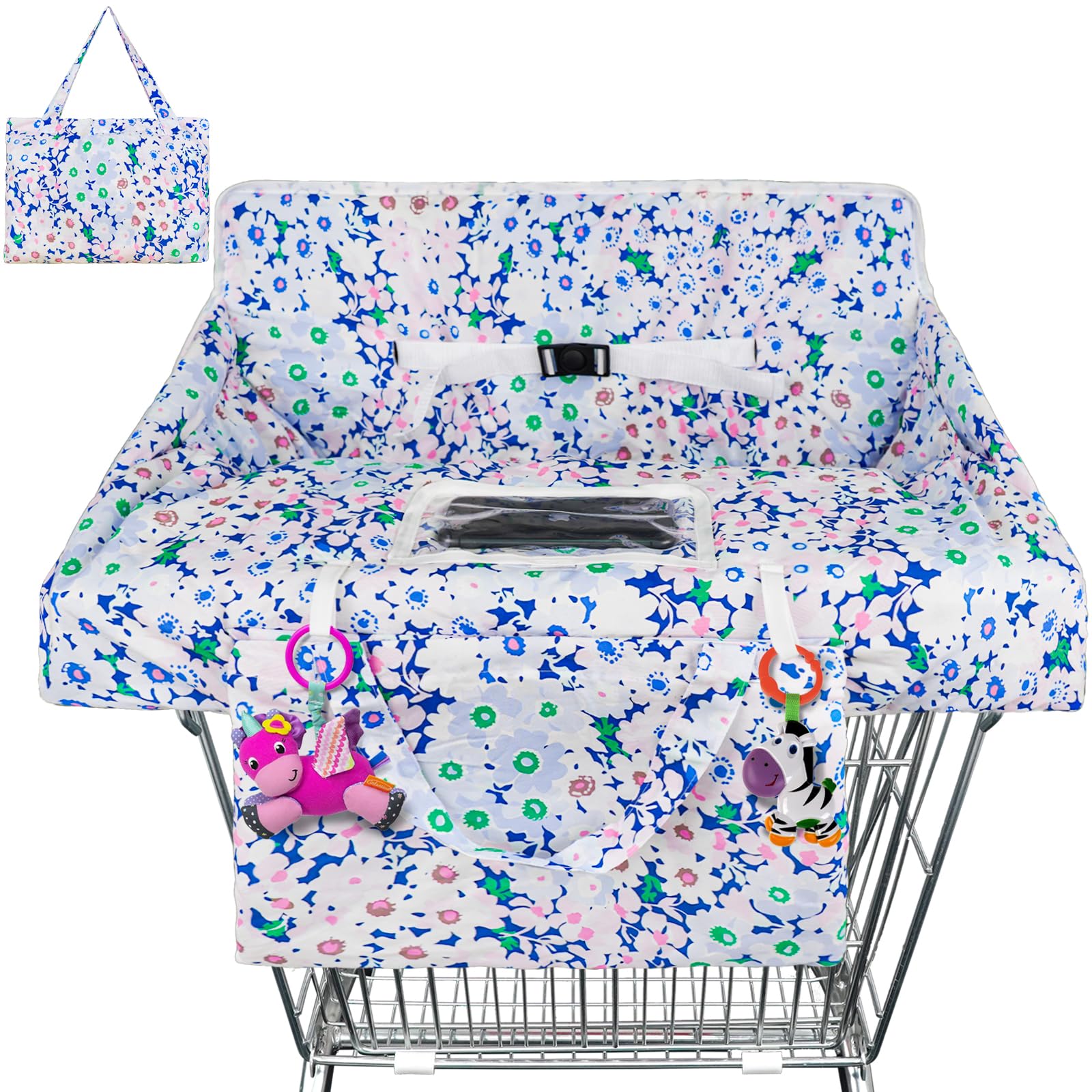 Floral Shopping Cart Cover & Grocery Cart Cover, Portable 2-in-1 High Chair Cover with Safety Harness, Multifunctional Cart Covers with Clear Phone Pouch