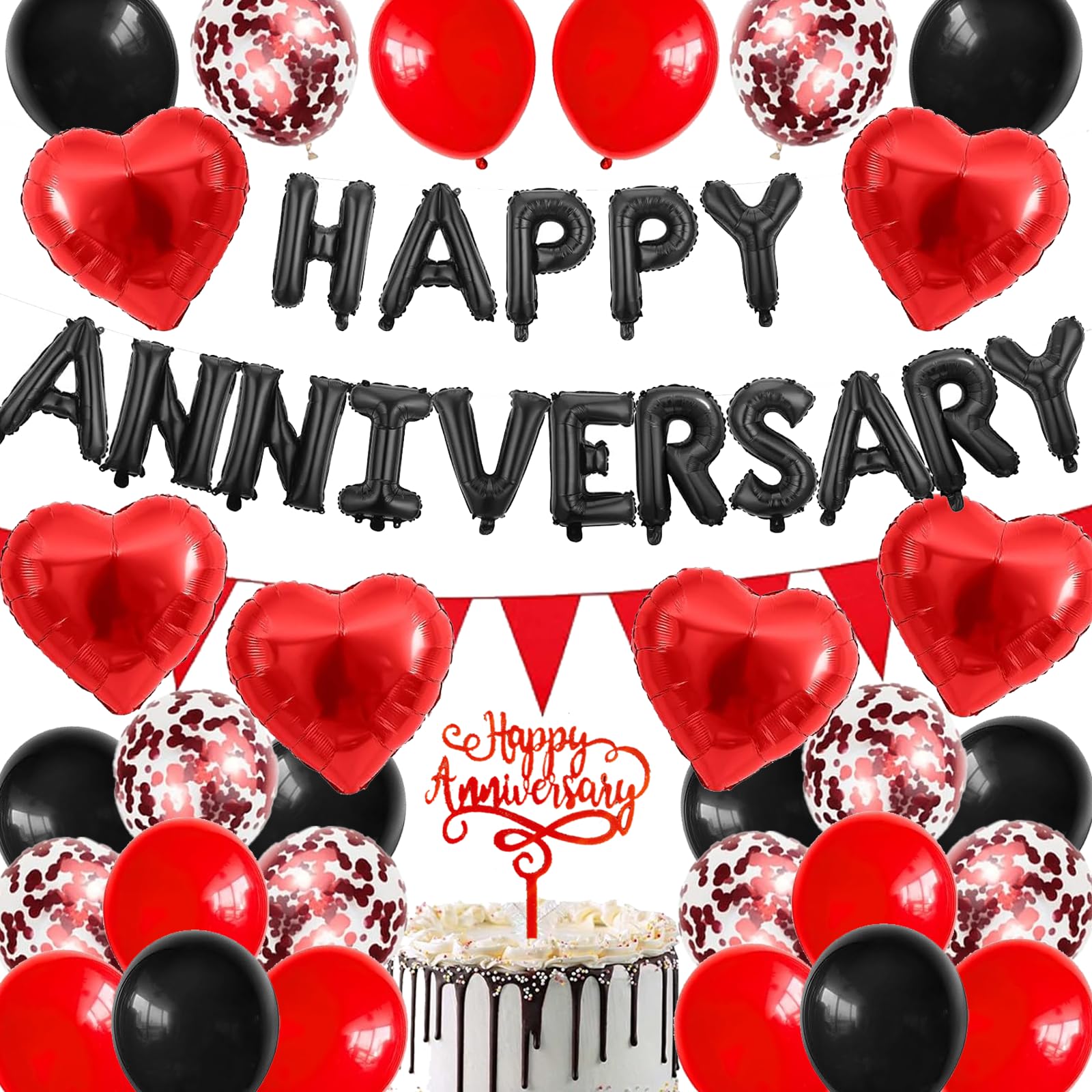 Happy Anniversary Decorations, 48Pcs Black Red Romantic Wedding Decoration Set including Heart Foil Balloon