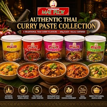 Mae Ploy Thai Curry Paste Assorted Pack of 5 (400g Each) – Green, Red, Yellow, Massaman & Panang Curry Paste – Authentic Thai Sauce for Cooking, Halal Certified