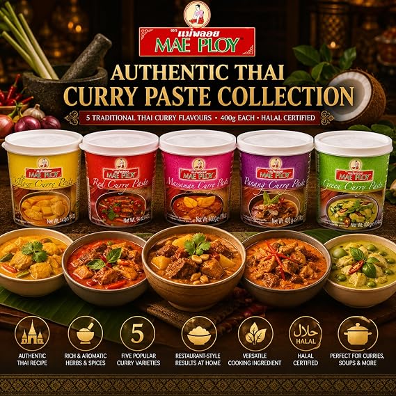 Mae Ploy Thai Curry Paste Assorted Pack of 5 (400g Each) – Green, Red, Yellow, Massaman & Panang Curry Paste – Authentic Thai Sauce for Cooking, Halal Certified