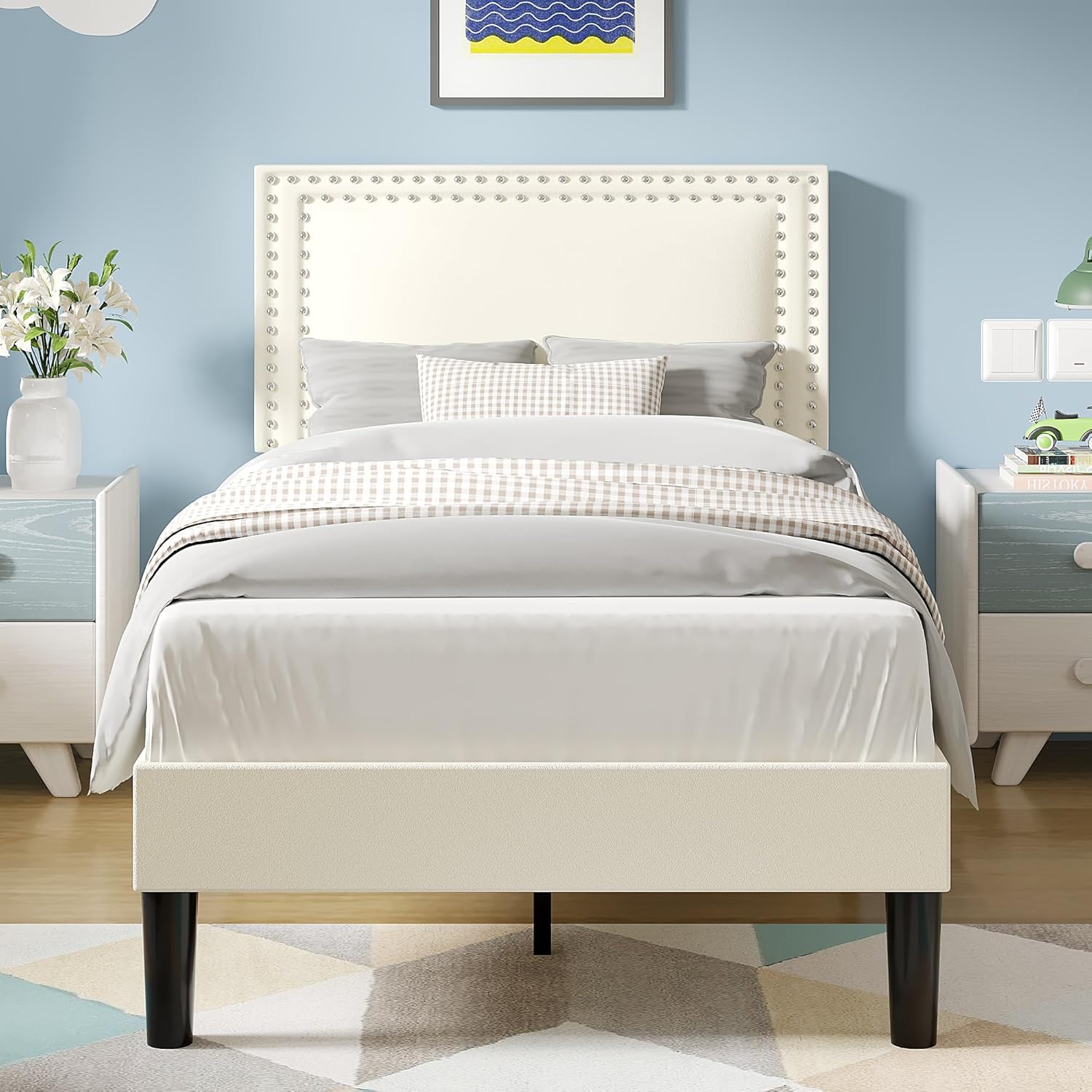 VECELO Full Size Platform Bed Frame with Height Adjustable Upholstered Headboard, Modern Mattress Foundation,Strong Wood Slat Support, No Box Spring Needed, Easy Assembly,Light Grey